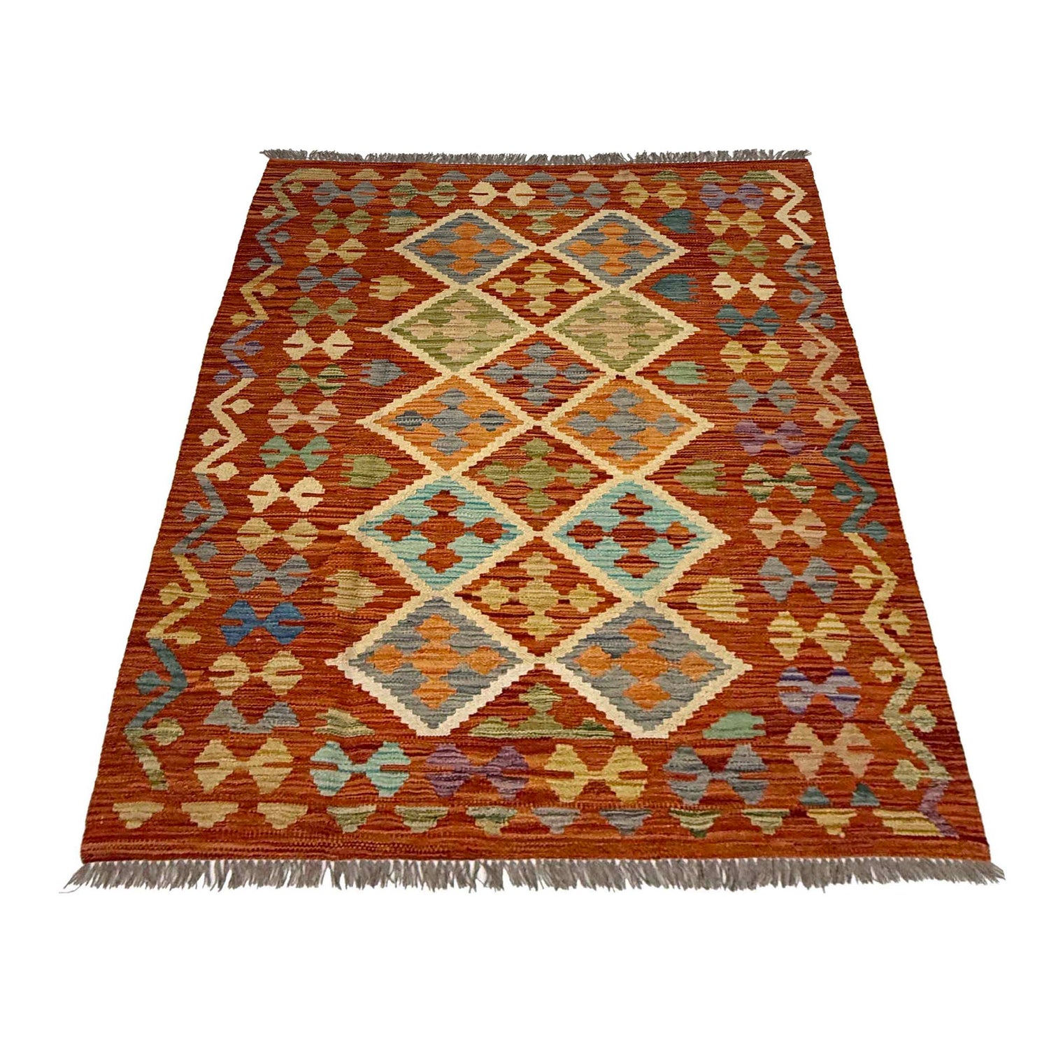 Handmade Turkish Design Wool Kilim 4' 2" x 5' 8" ft / 126 x 172 cm - No. G38904