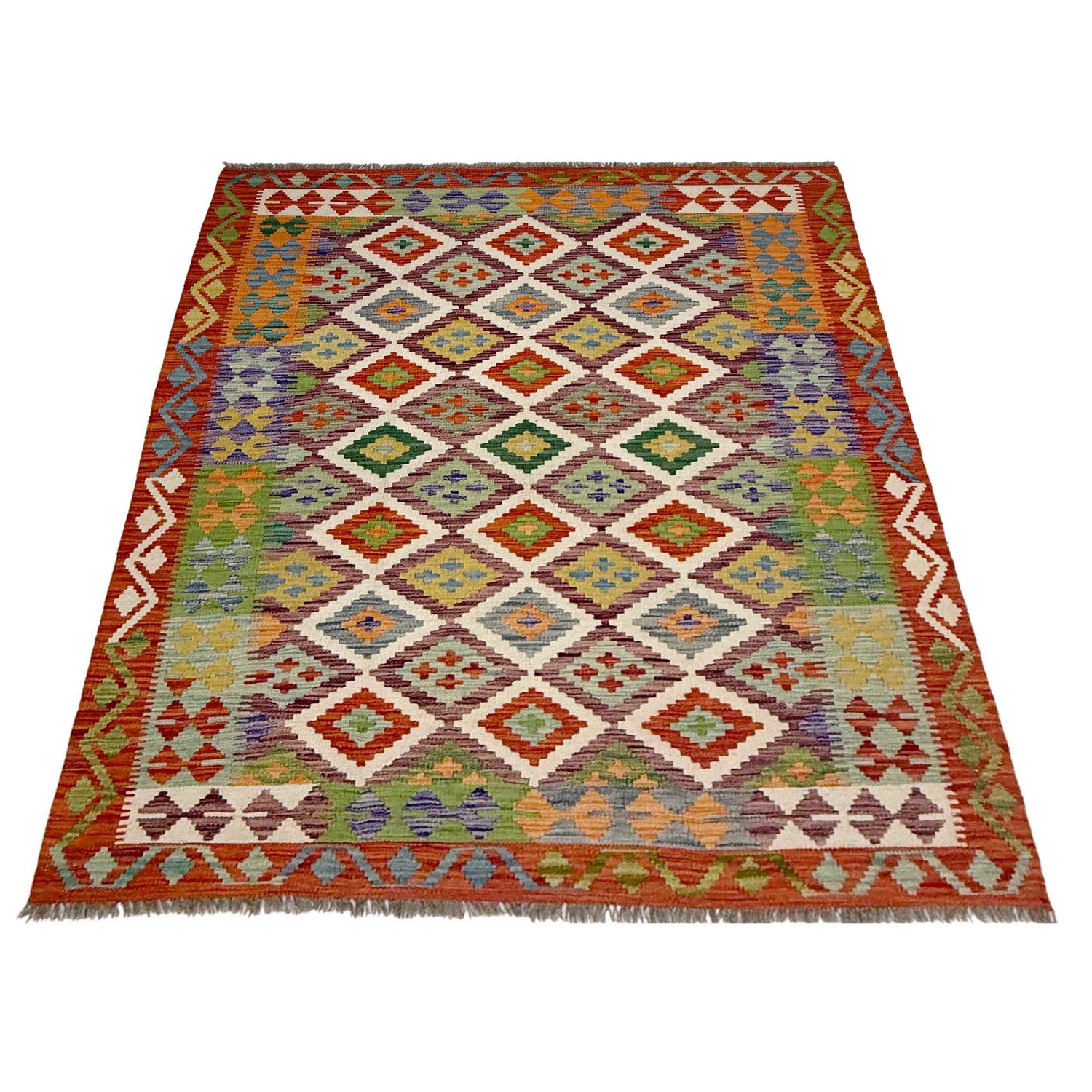Multi Color ful Flat-Weave Wool Kilim 4' 11" x 6' 6" ft / 150 x 197 cm - No. G38928