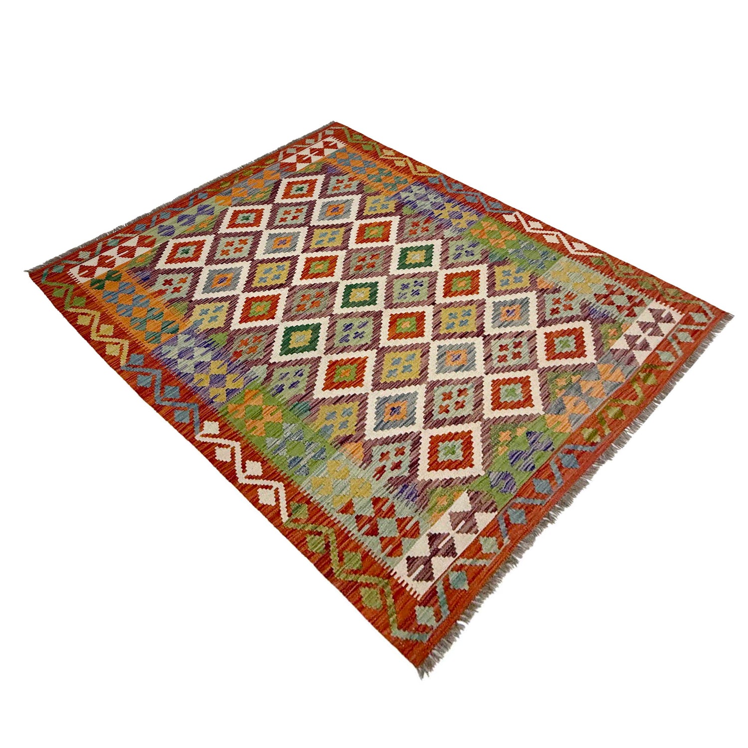 Multi Color ful Flat-Weave Wool Kilim 4' 11" x 6' 6" ft / 150 x 197 cm - No. G38928