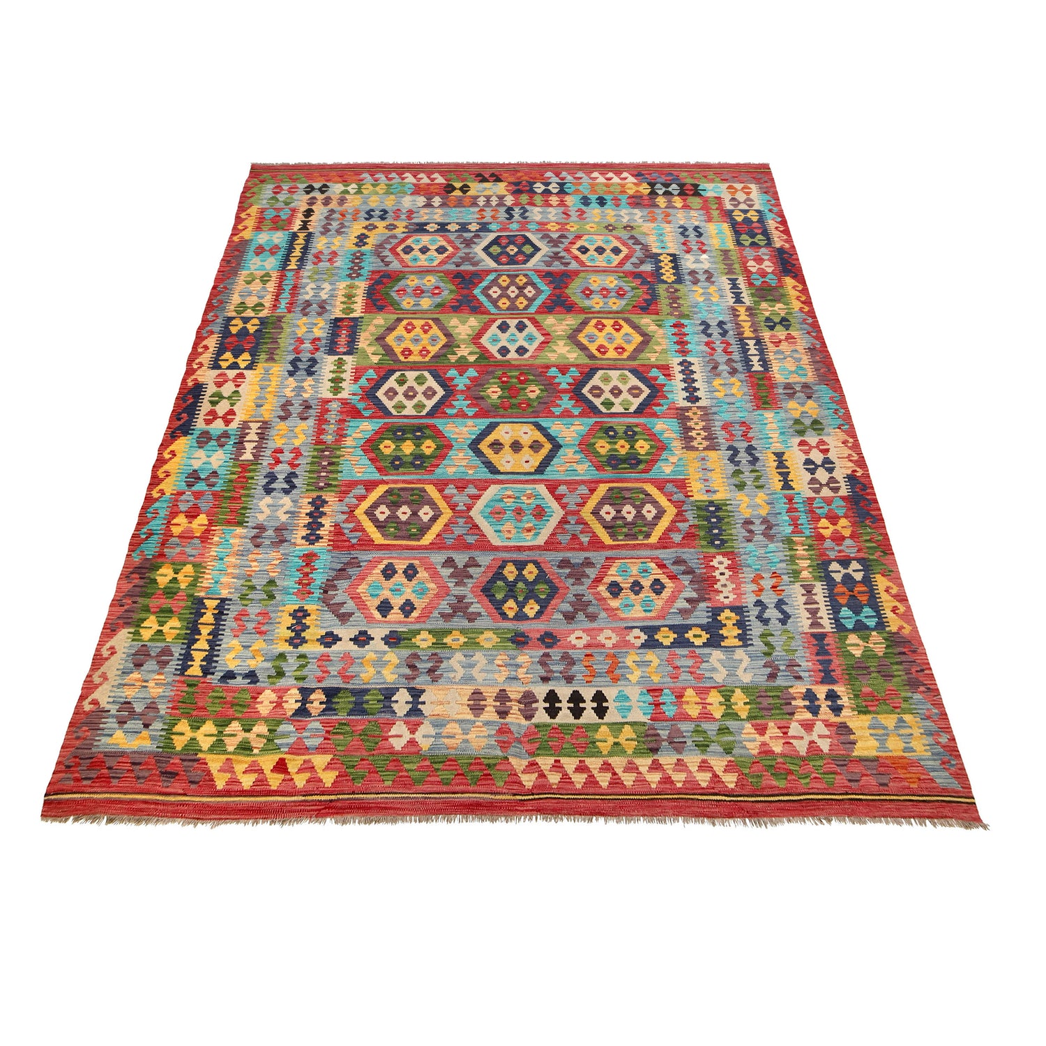 Colorful Flat-Weave Wool Kilim 8' 5" x 11' 2" ft / 256 x 341 cm - No. P26968