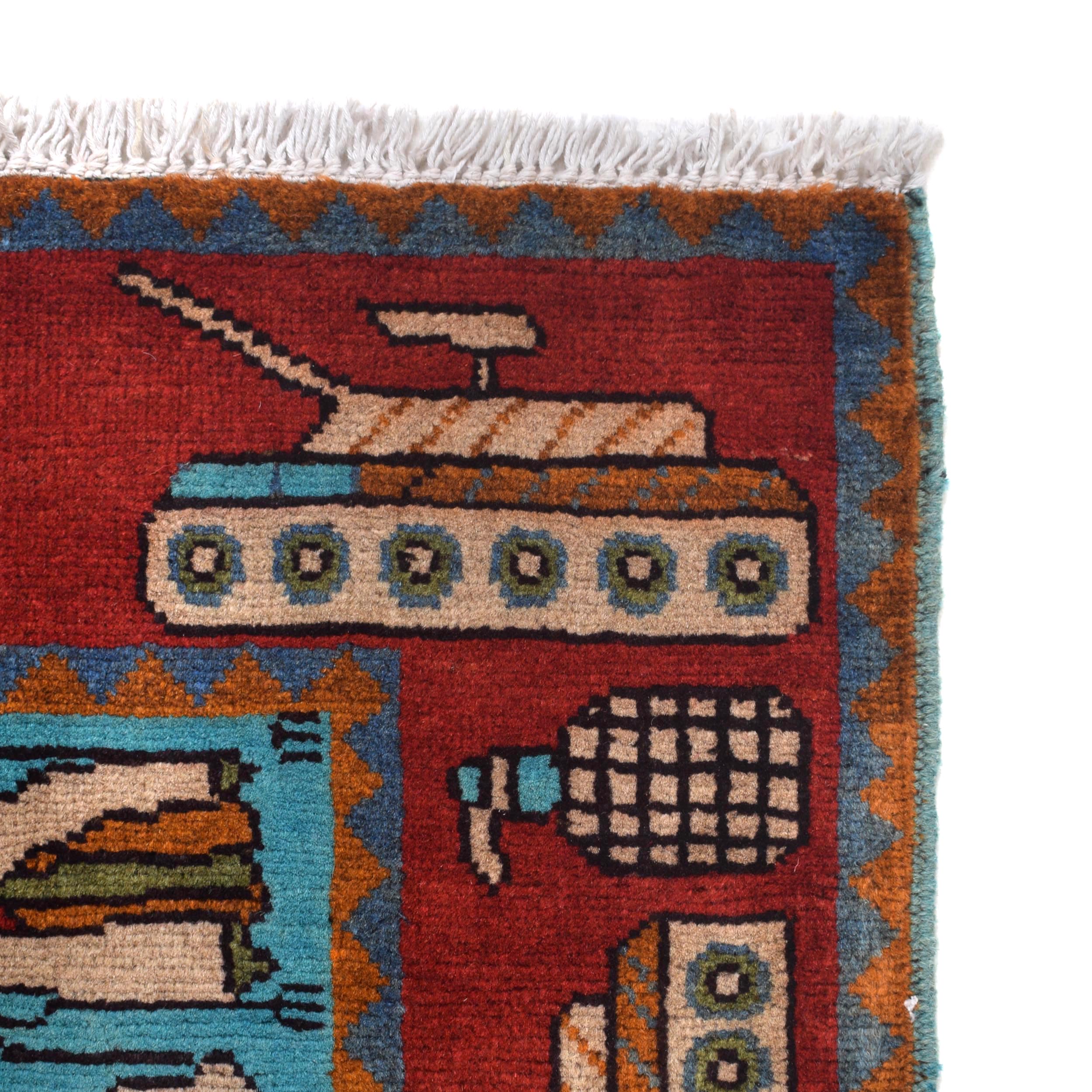 113• sale Beautifully handmade Afghan War Themed Rug, Great Design and Quality 93x63 cm