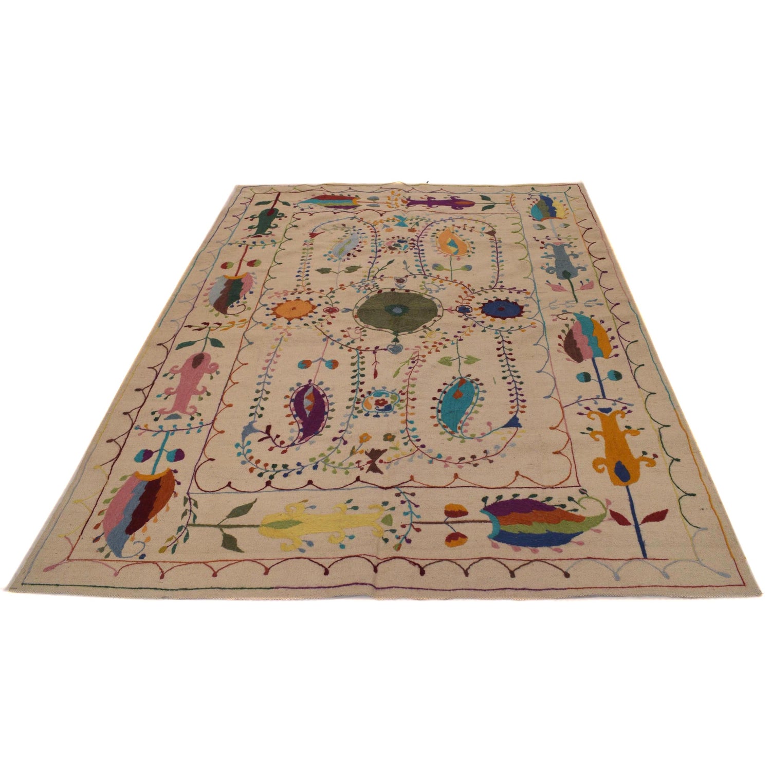 Beige Color Embroidery Flat Weave Kilim 5' 5" x 7' 10" ft / 165 x 239 cm - No. P34396