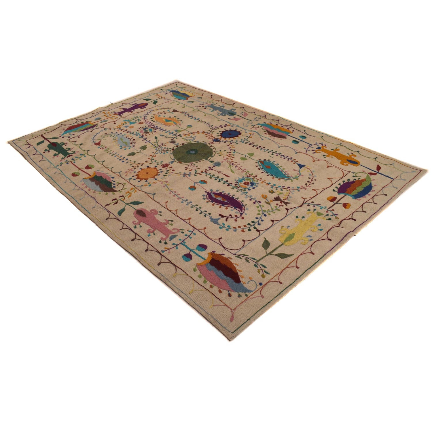 Beige Color Embroidery Flat Weave Kilim 5' 5" x 7' 10" ft / 165 x 239 cm - No. P34396