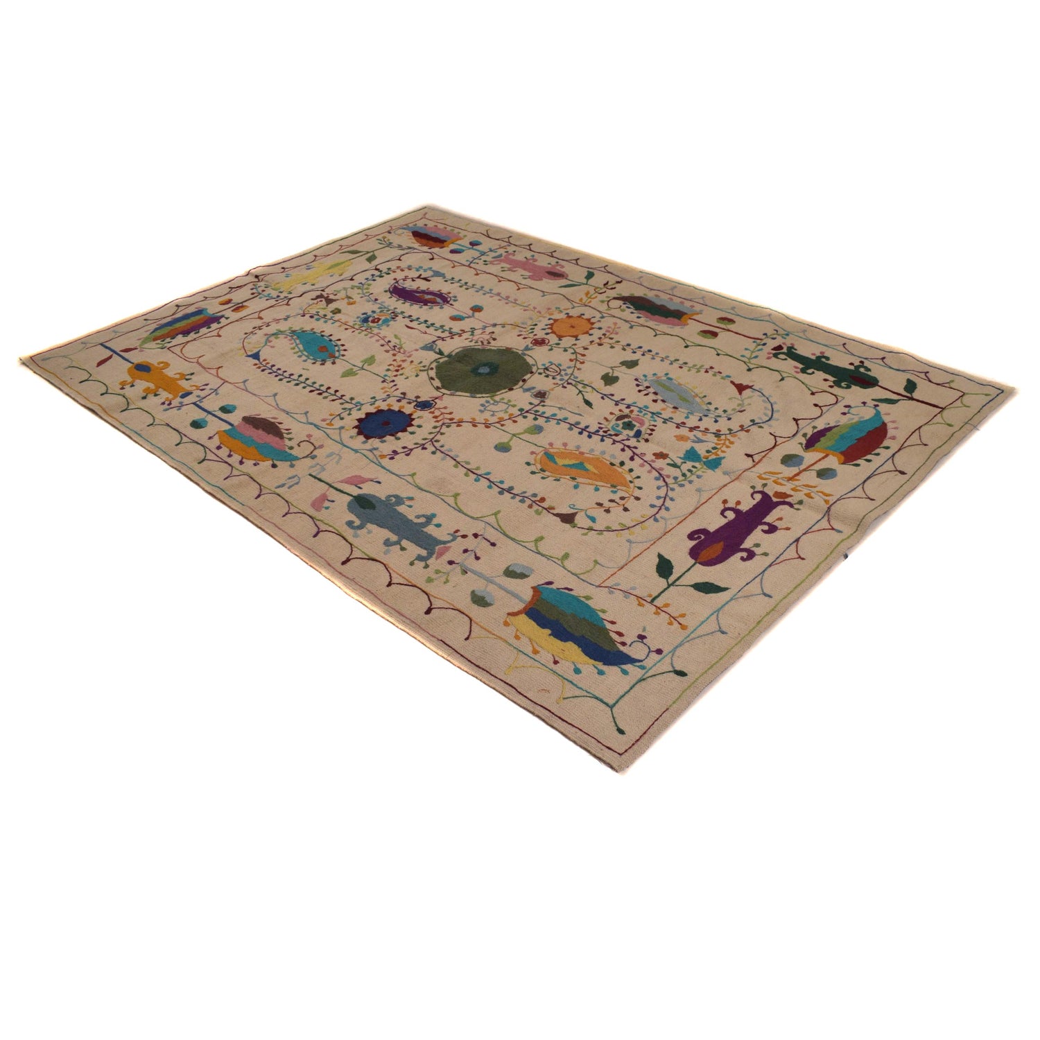 Beige Color Embroidery Flat Weave Kilim 5' 5" x 7' 10" ft / 165 x 239 cm - No. P34396