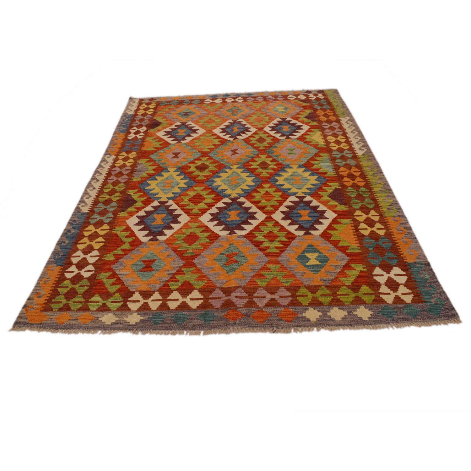 Handmade Turkish Design Wool Kilim 5' 6" x 8' 0" ft / 168 x 245 cm - No. P34982
