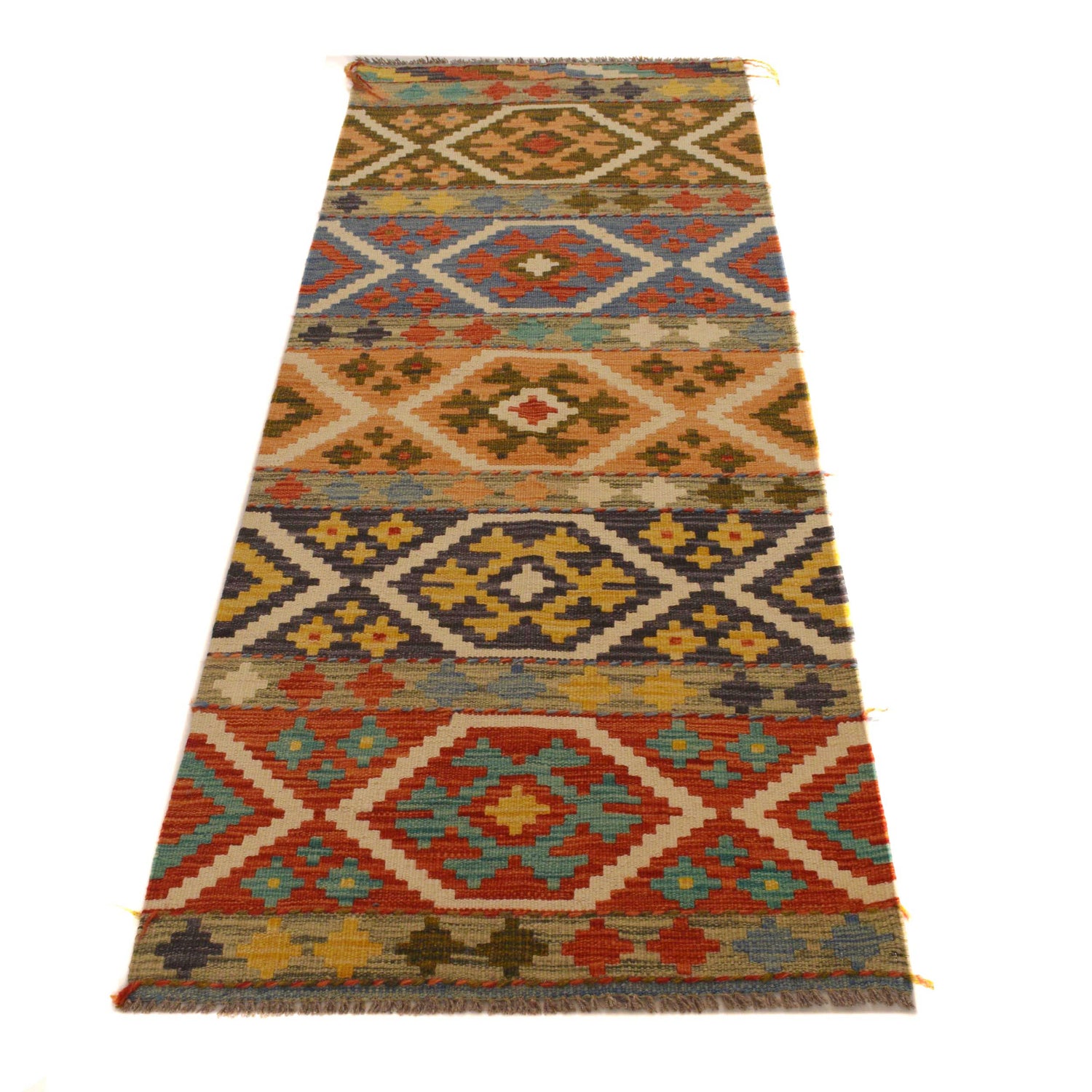 Colorful Flat-Weave Wool Kilim Runner 2' 3"x 6' 5" ft / 69 x 196 cm - No. P34992