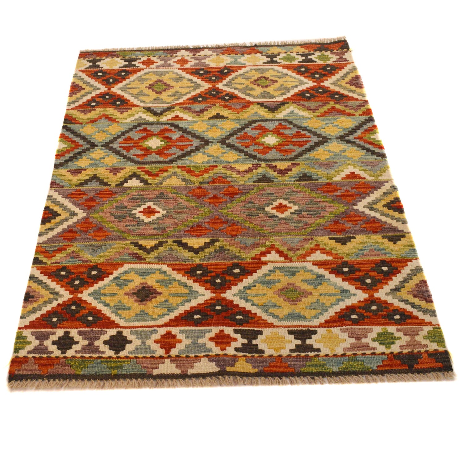 Colorful Flat-Weave Wool Kilim 3' 4" x 4' 9" ft / 101 x 145 cm - No. P35042