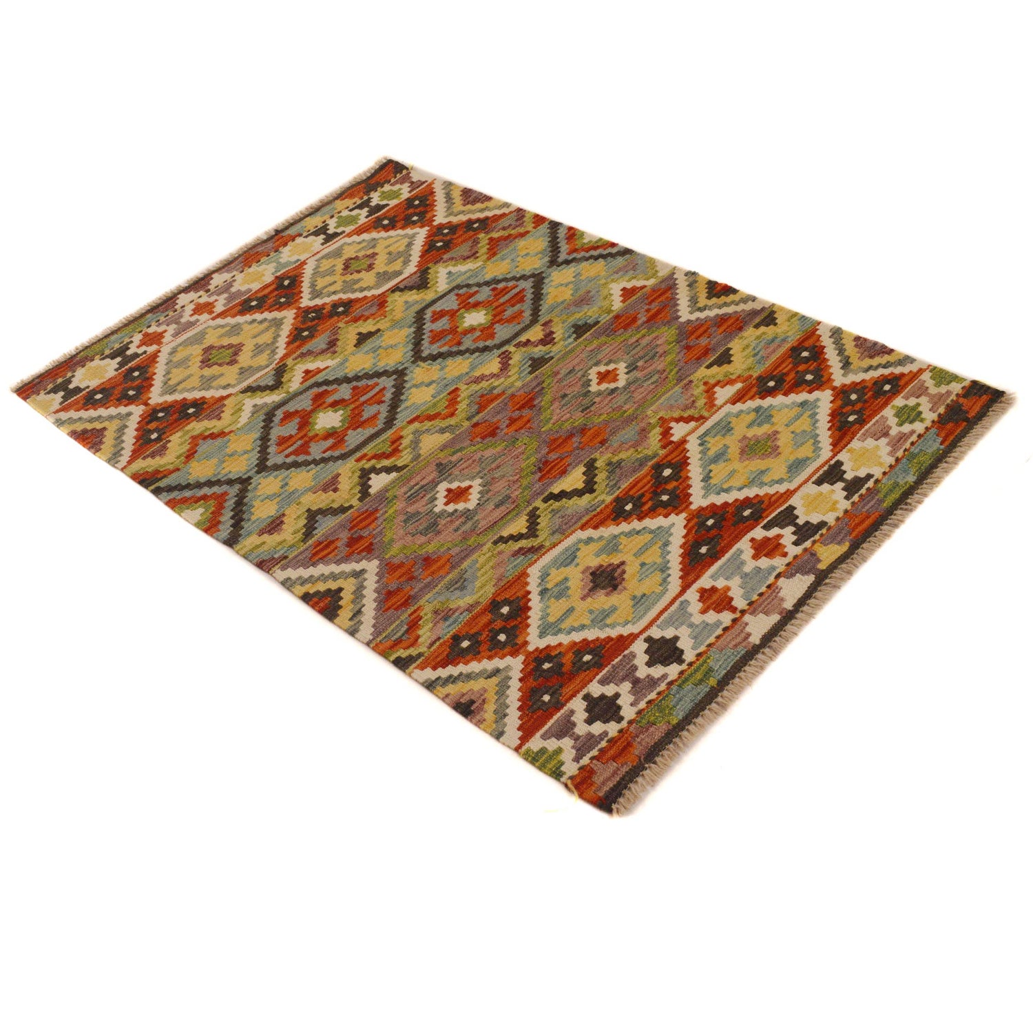 Colorful Flat-Weave Wool Kilim 3' 4" x 4' 9" ft / 101 x 145 cm - No. P35042