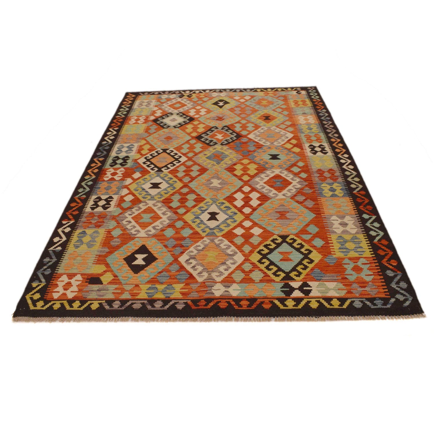 Colorful Flat-Weave Wool Kilim 5' 10" x 8' 2" ft / 177 x 250 cm - No. P35046