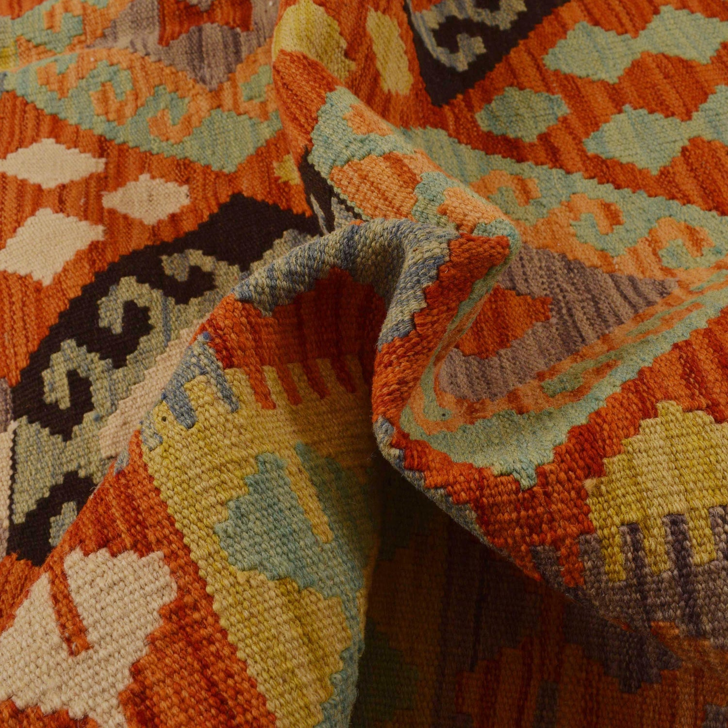 Colorful Flat-Weave Wool Kilim 5' 10" x 8' 2" ft / 177 x 250 cm - No. P35046