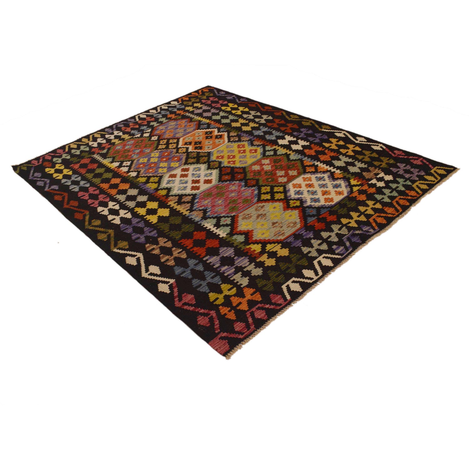 Colorful Flat-Weave Wool Kilim 5' 2" x 6' 7" ft / 157 x 200 cm - No. P35049