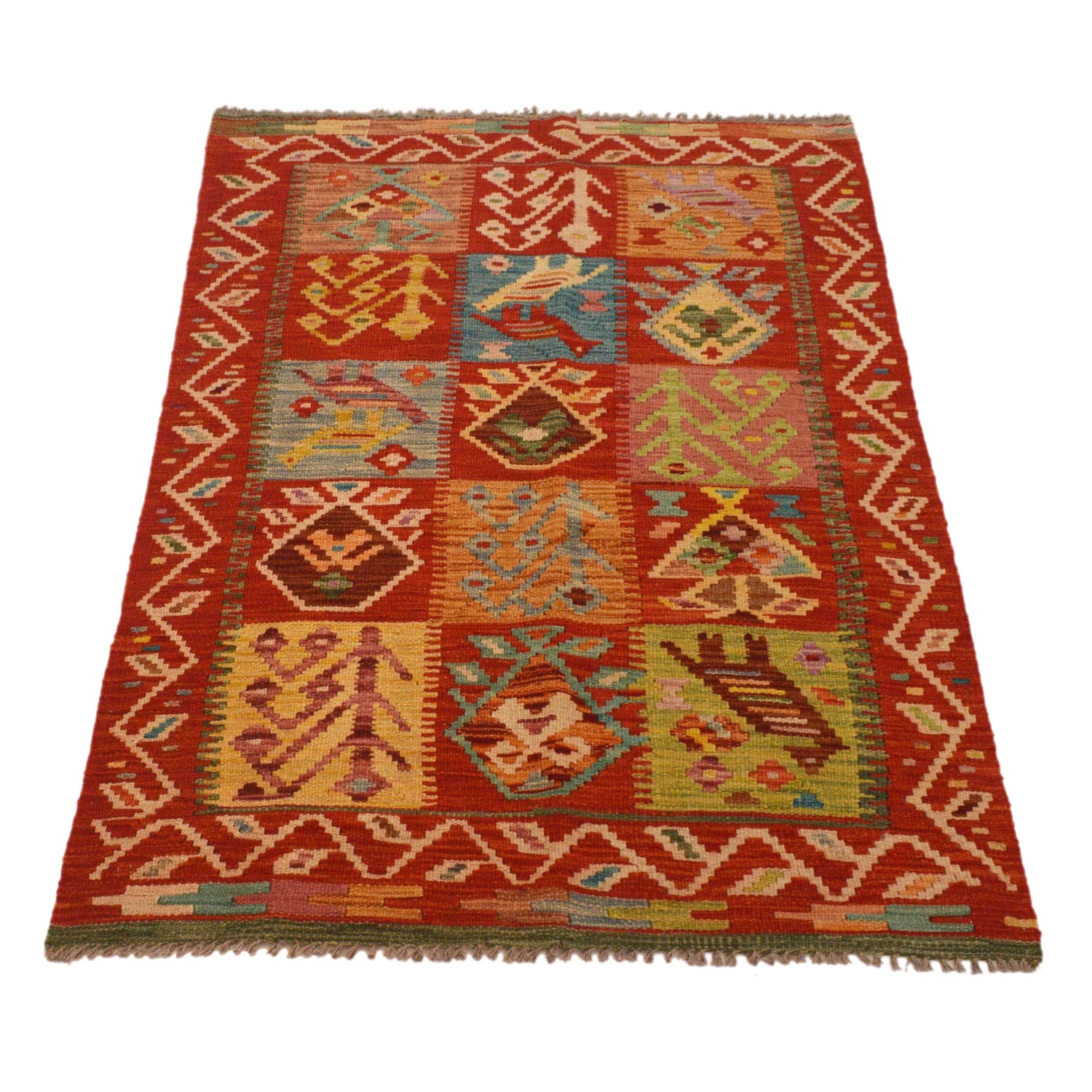 Colorful Flat-Weave Wool Kilim 3' 0" x 4' 10" ft / 91 x 147 cm - No. P35052