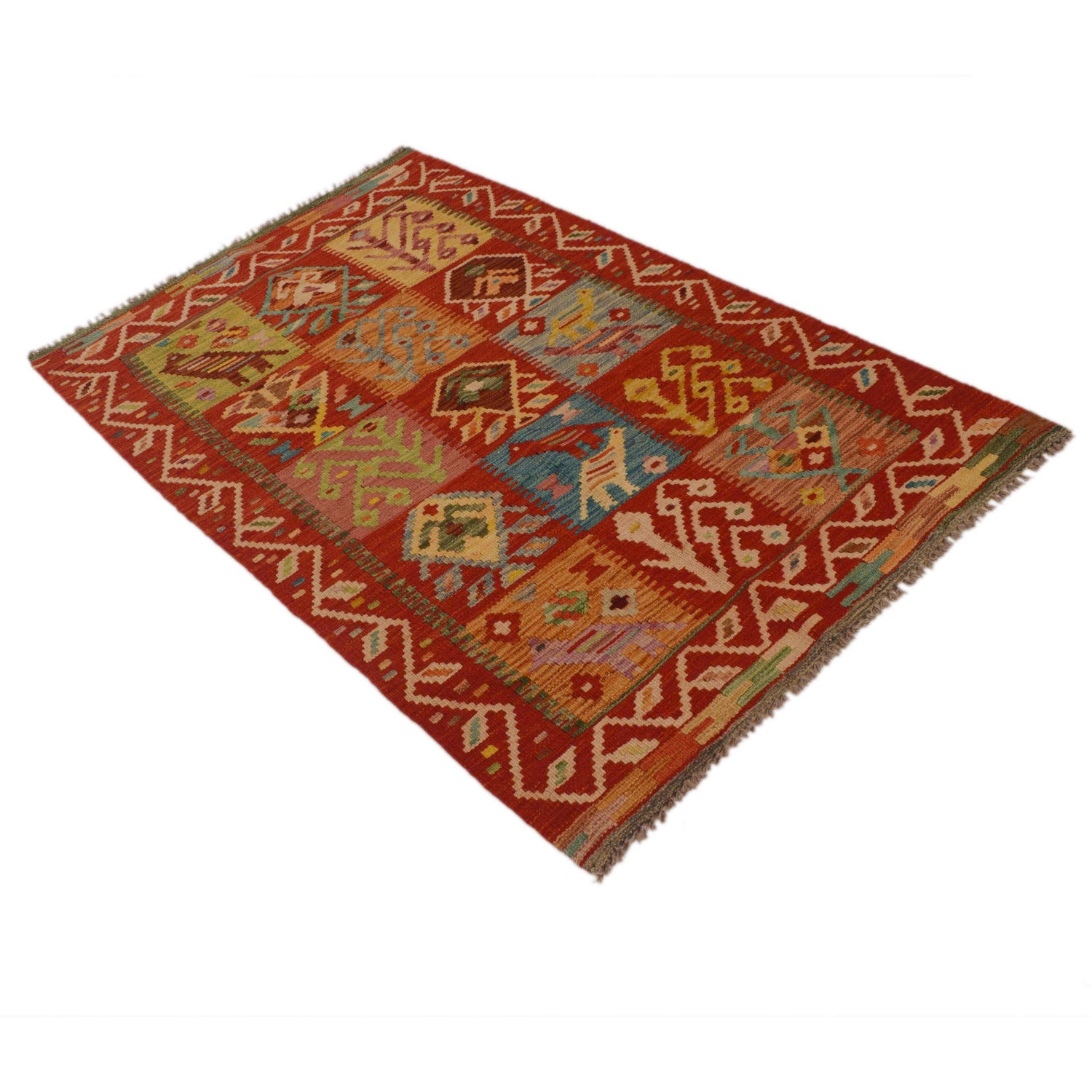 Colorful Flat-Weave Wool Kilim 3' 0" x 4' 10" ft / 91 x 147 cm - No. P35052