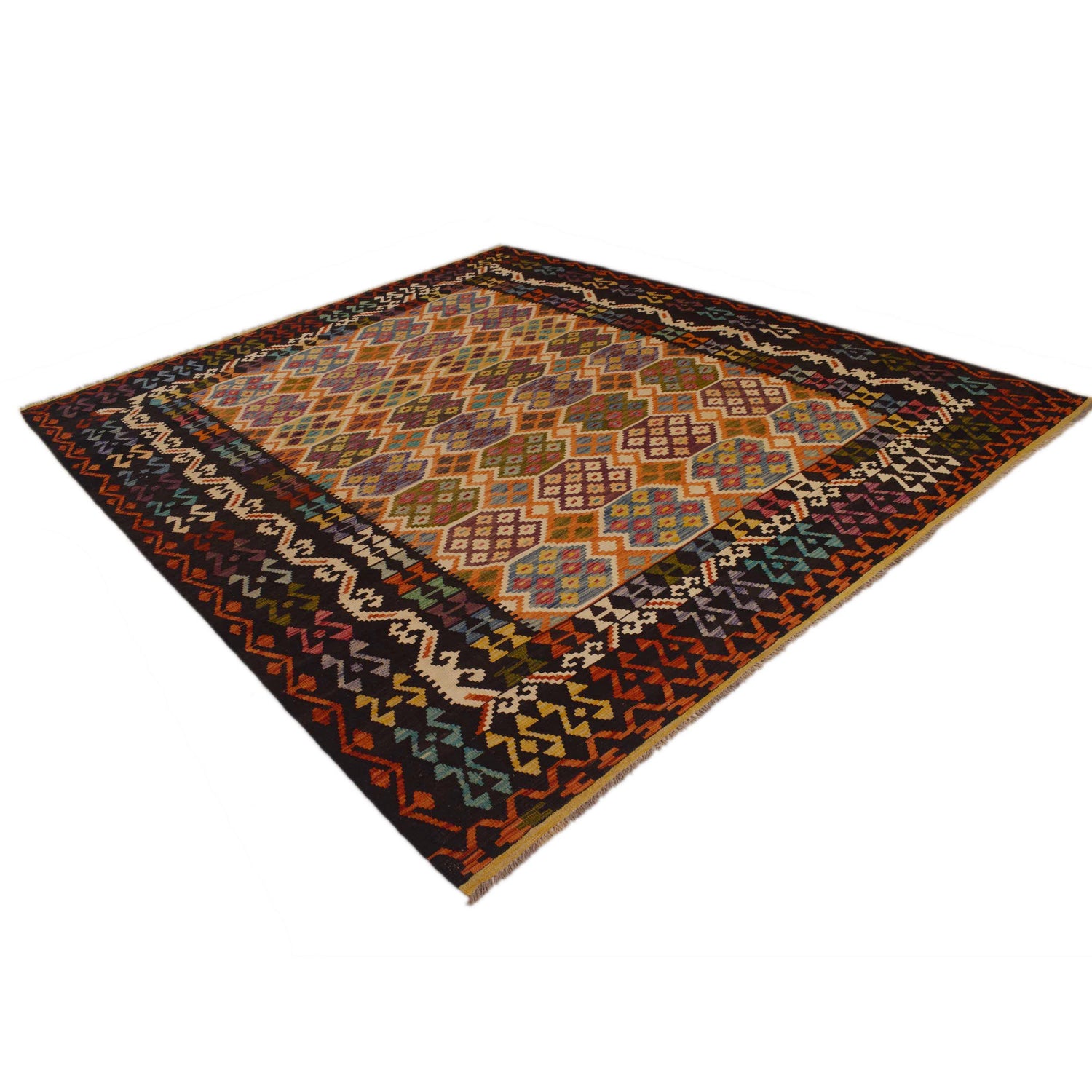 Colorful Flat-Weave Wool Kilim 8' 4" x 9' 9" ft / 255 x 298 cm - No. P35057