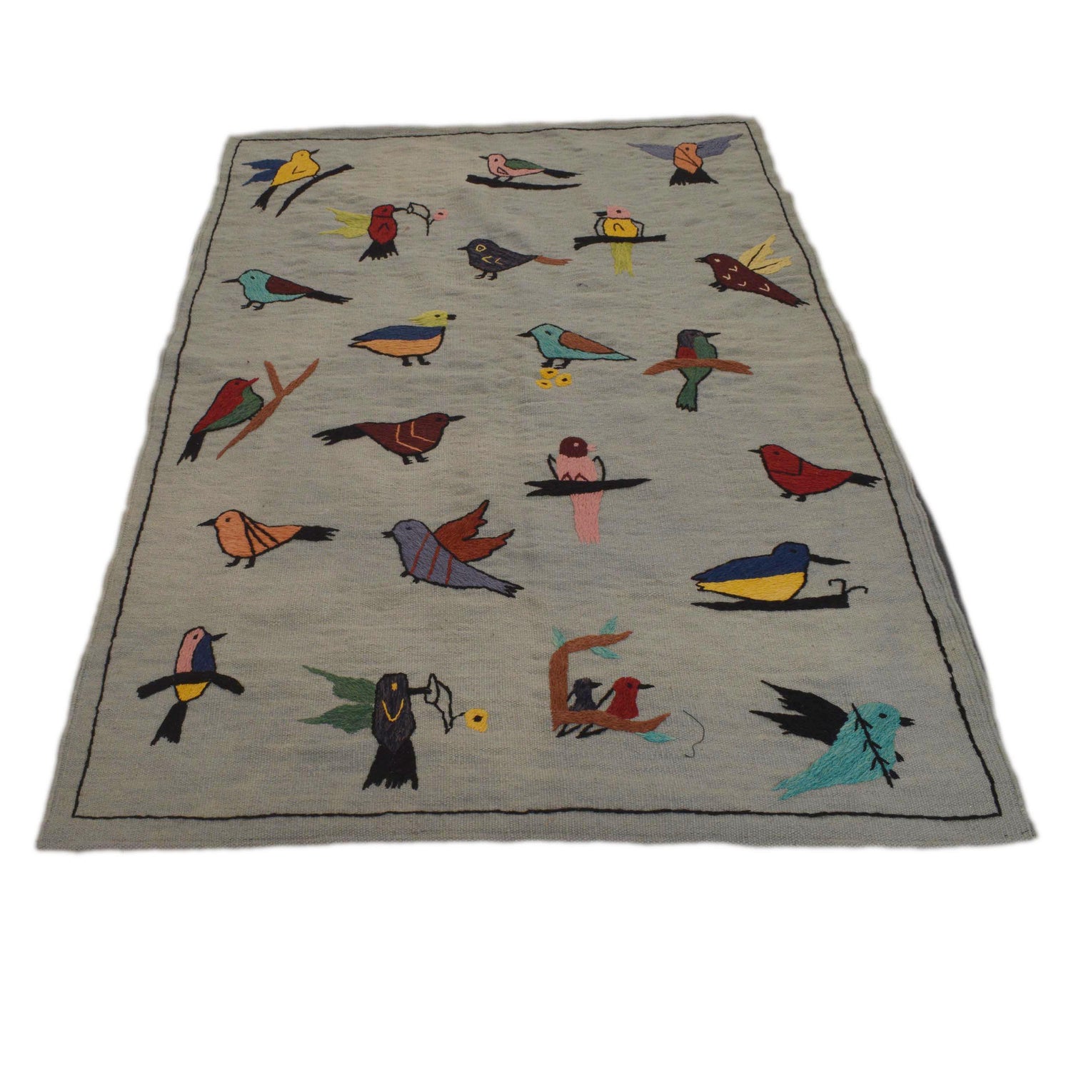 Gray Color Embroidery Flat Weave Kilim 3' 11" x 5' 9" ft / 119 x 175 cm - No. P35166