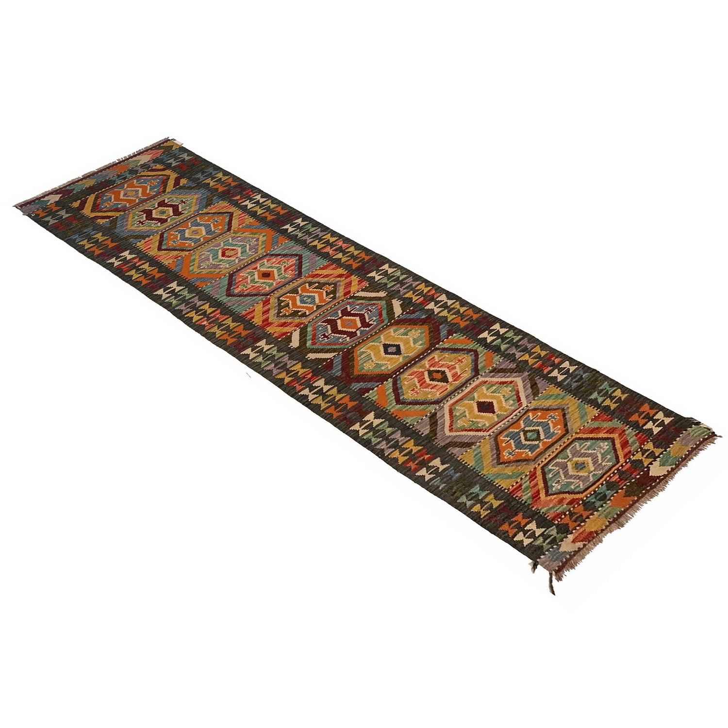 Hand Knotted Afghan Style Kilim Runner 2' 6" x 10' 0" ft / 75 x 306 cm - No. P35228