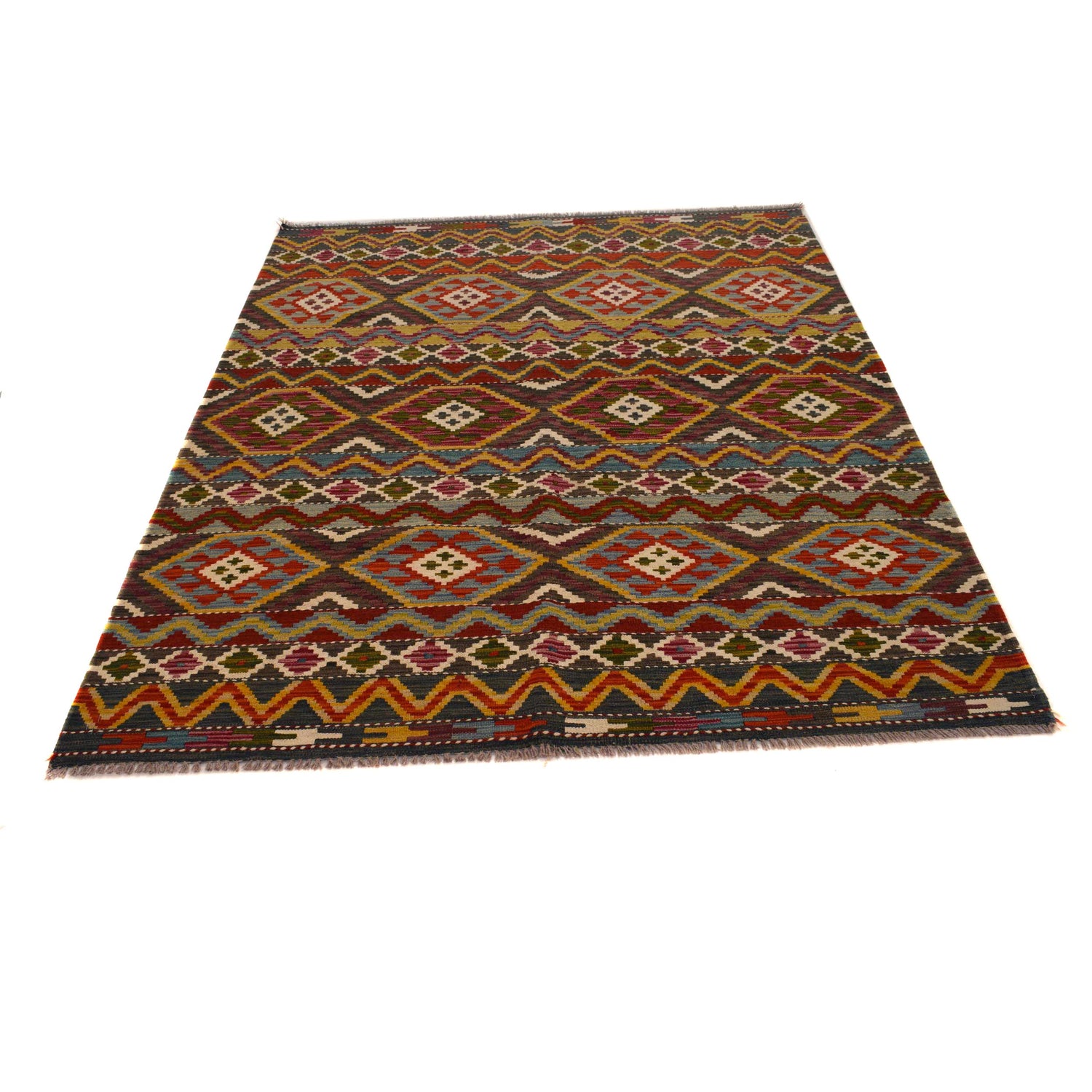 Multi Color ful Flat-Weave Wool Kilim 5' 0" x 6' 4" ft / 152 x 194 cm - No. P35337