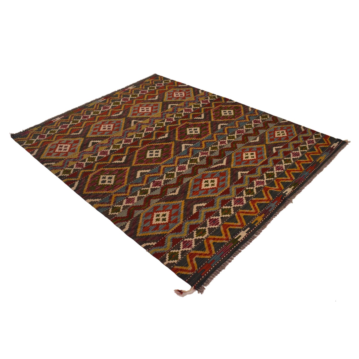 Multi Color ful Flat-Weave Wool Kilim 5' 0" x 6' 4" ft / 152 x 194 cm - No. P35337