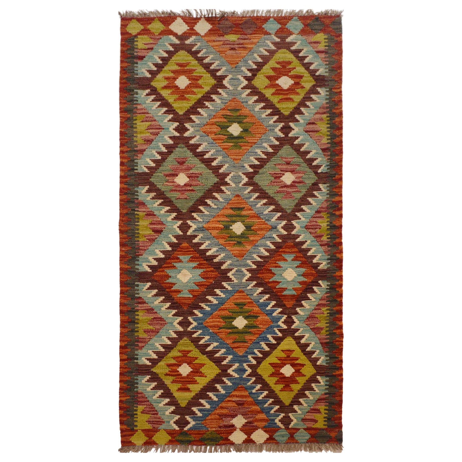 Hand Knotted Afghan Style Kilim Runner 2' 10"x 6' 1" ft / 87 x 185 cm - No. P35503