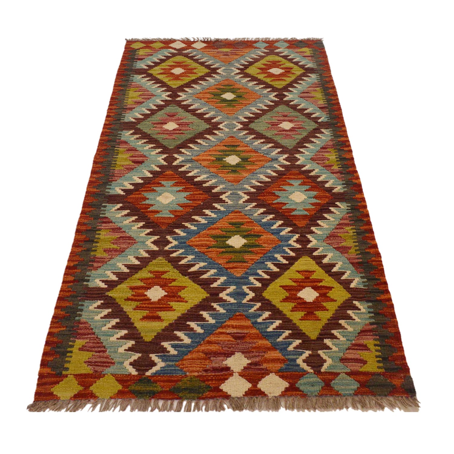 Hand Knotted Afghan Style Kilim Runner 2' 10"x 6' 1" ft / 87 x 185 cm - No. P35503