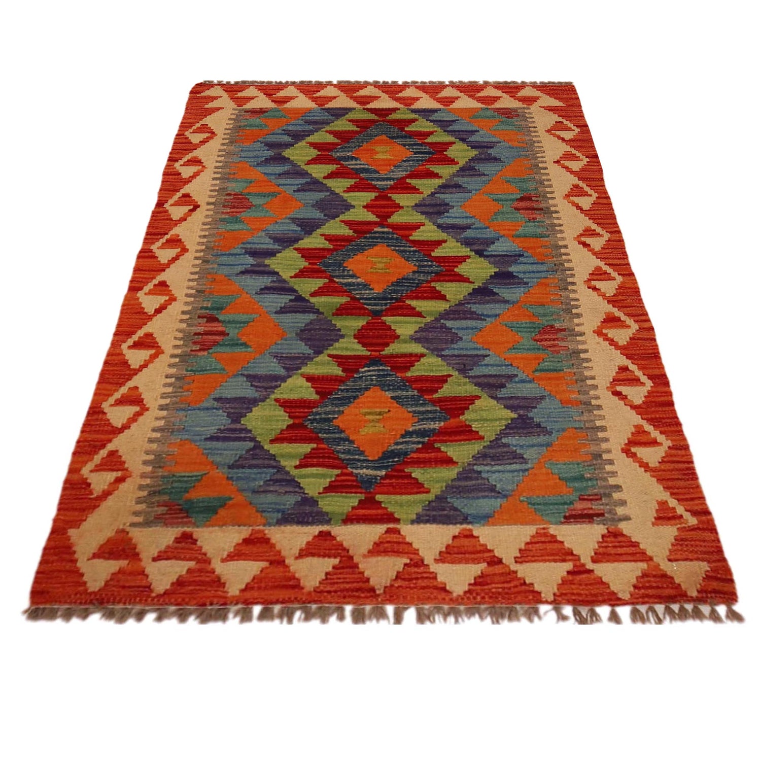 Multi Color ful Flat-Weave Wool Kilim 2' 9" x 4' 0" ft / 85 x 123 cm - No. P35748