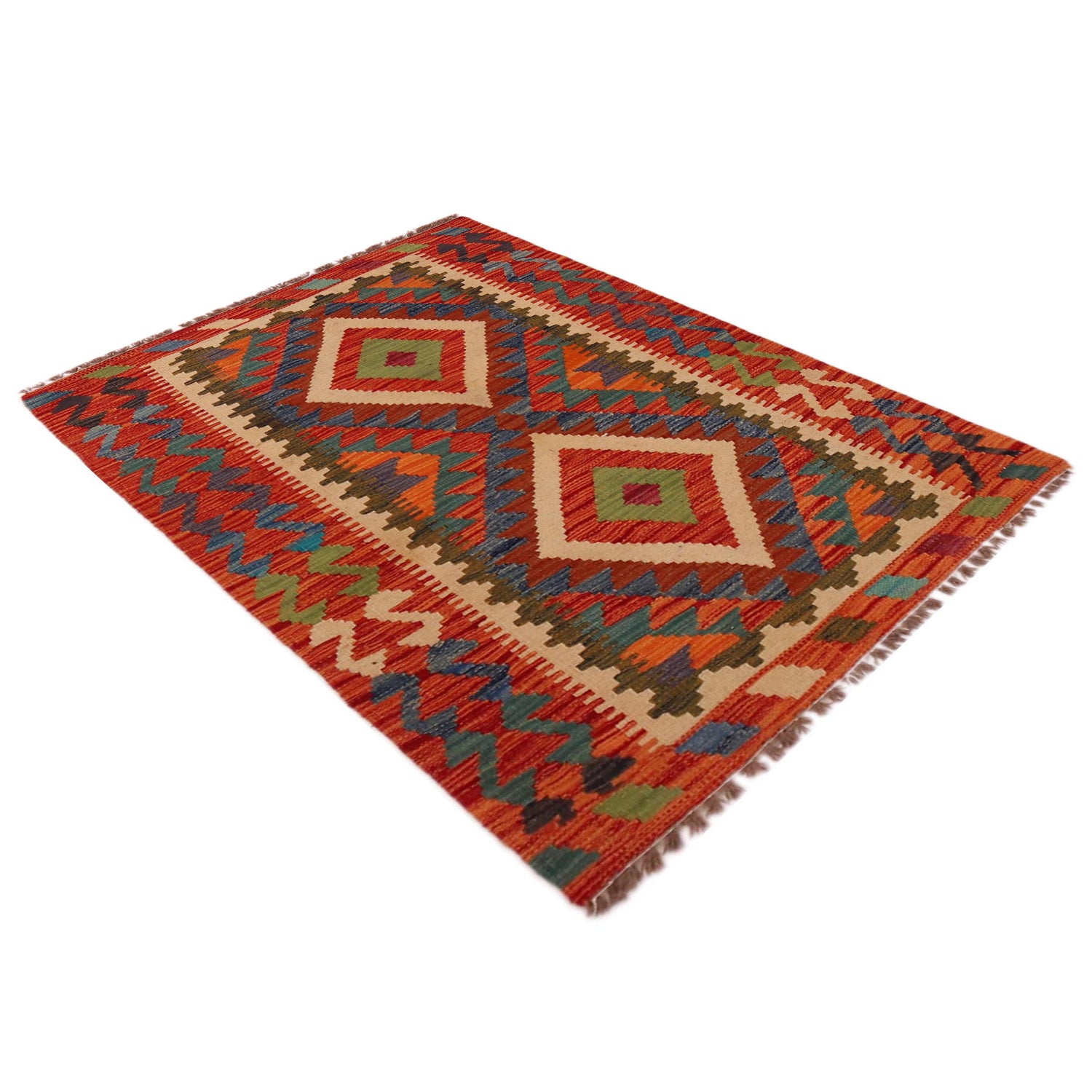 Multi Color ful Flat-Weave Wool Kilim 2' 9" x 4' 2" ft / 84 x 127 cm - No. P35758