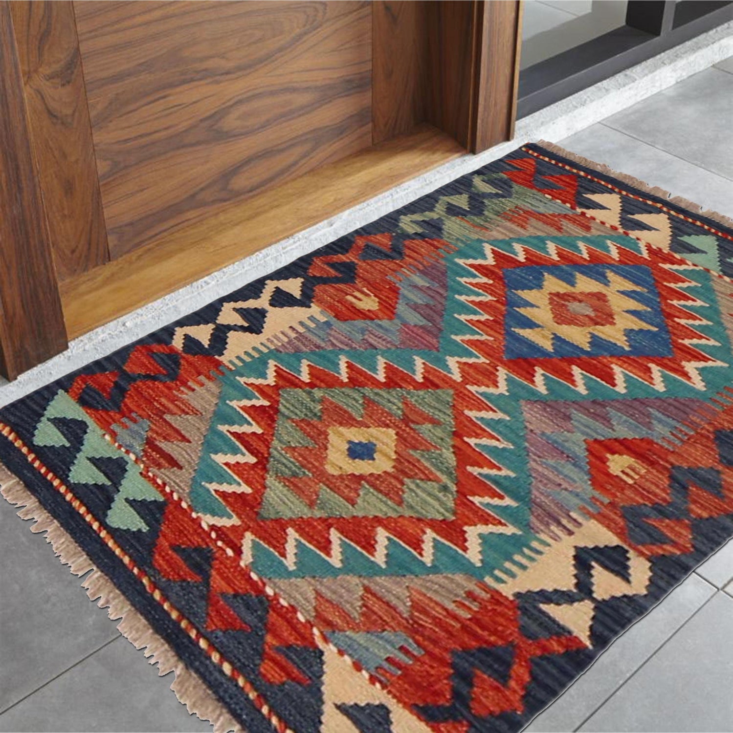 Multi Color ful Flat-Weave Wool Kilim 2' 0" x 2' 9" ft / 60 x 84 cm - No. P36000