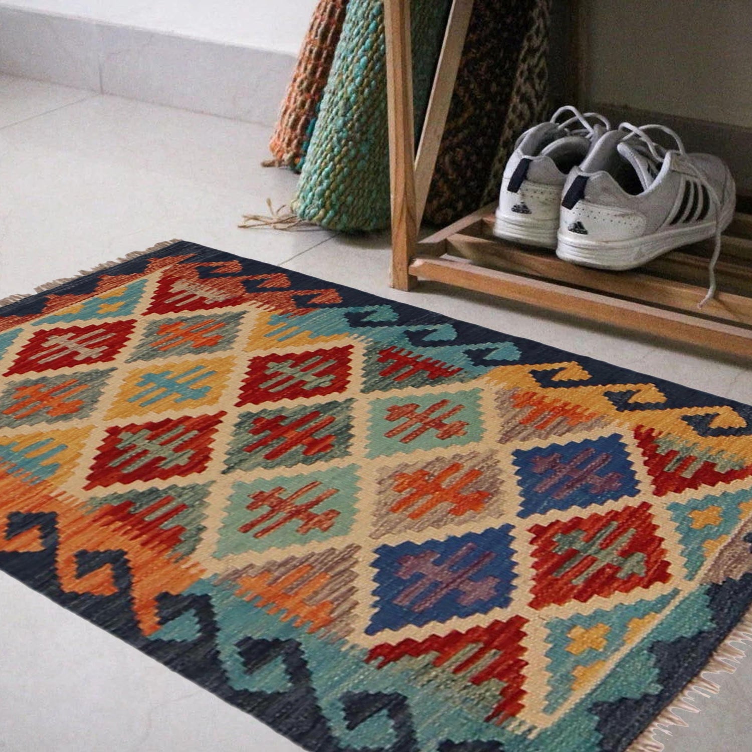 Multi Color ful Flat-Weave Wool Kilim 2' 2" x 2' 11" ft / 65 x 90 cm - No. P36276