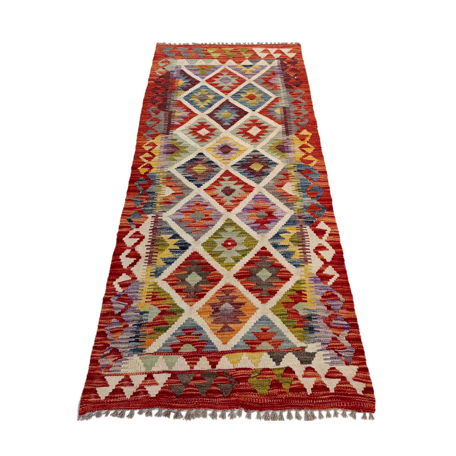 Multi Color ful Flat-Weave Wool Kilim Runner 2' 5" x 6' 3" ft / 74 x 191 cm - No. P36964