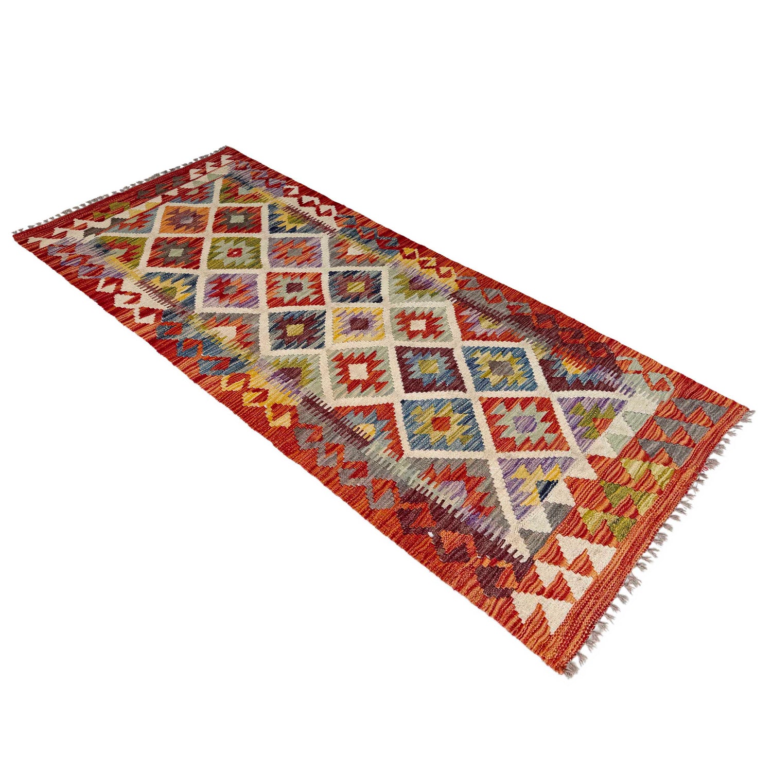 Multi Color ful Flat-Weave Wool Kilim Runner 2' 5" x 6' 3" ft / 74 x 191 cm - No. P36964