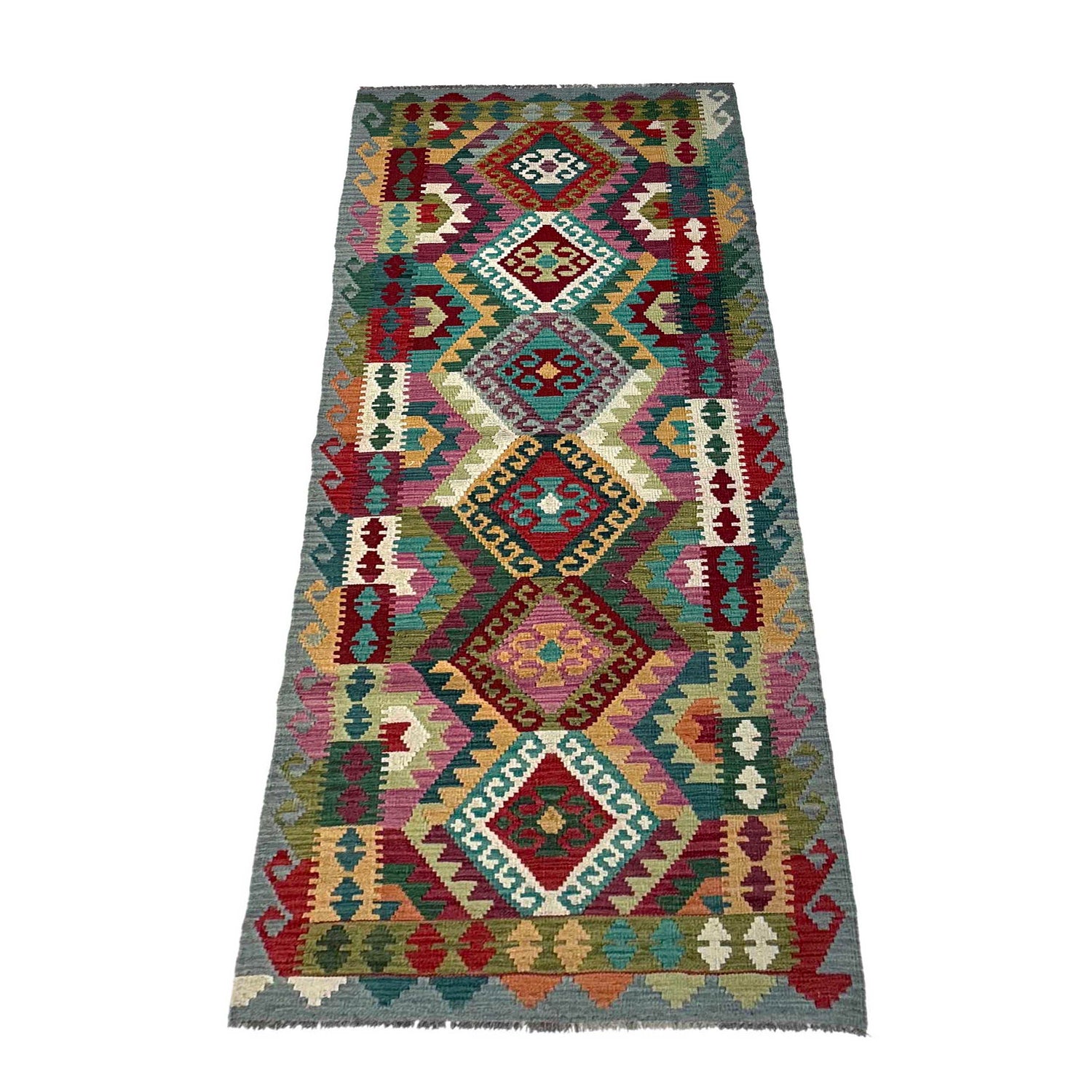 Multi Color ful Flat-Weave Wool Kilim Runner 2' 10" x 9' 10" ft / 87 x 300 cm - No. P36976