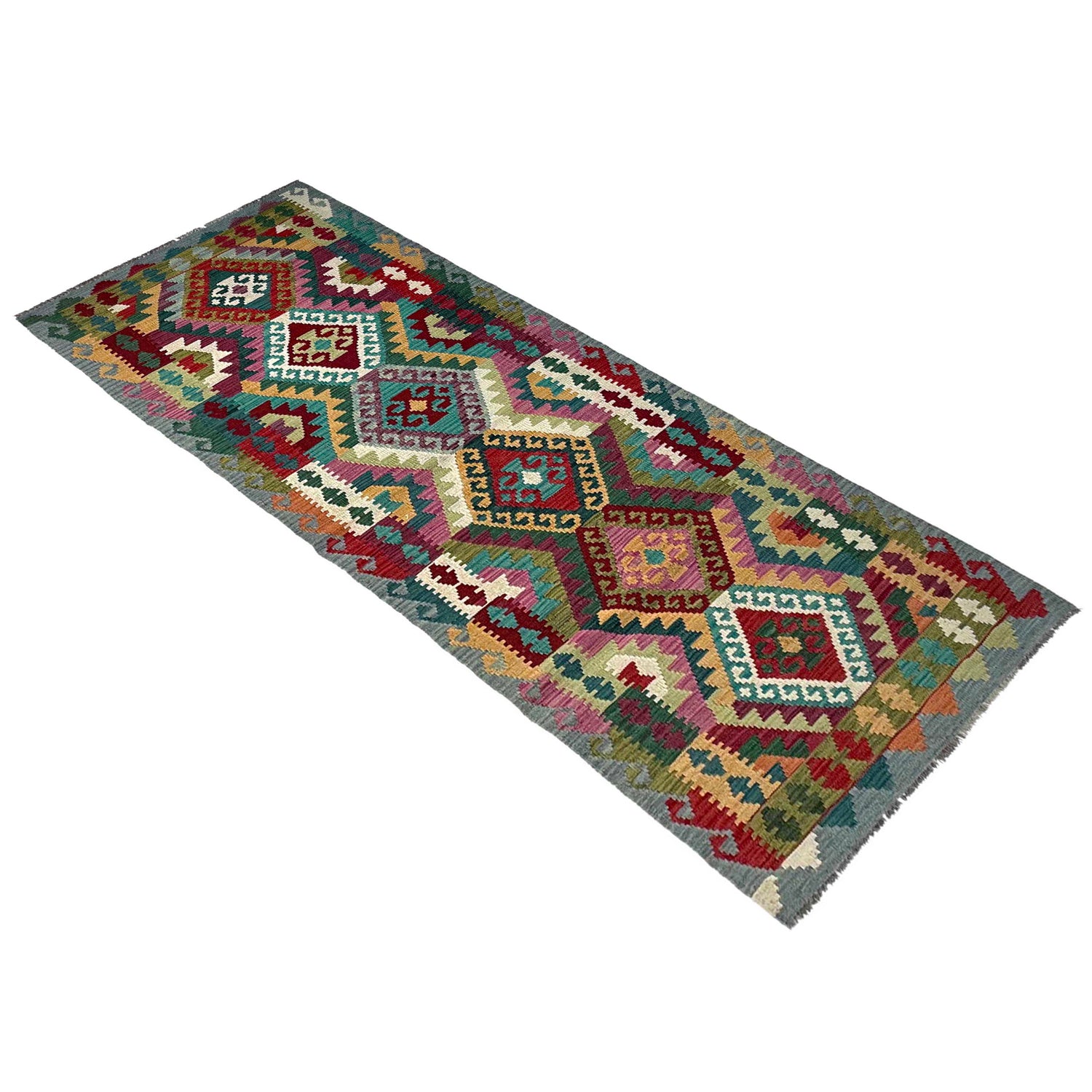 Multi Color ful Flat-Weave Wool Kilim Runner 2' 10" x 9' 10" ft / 87 x 300 cm - No. P36976