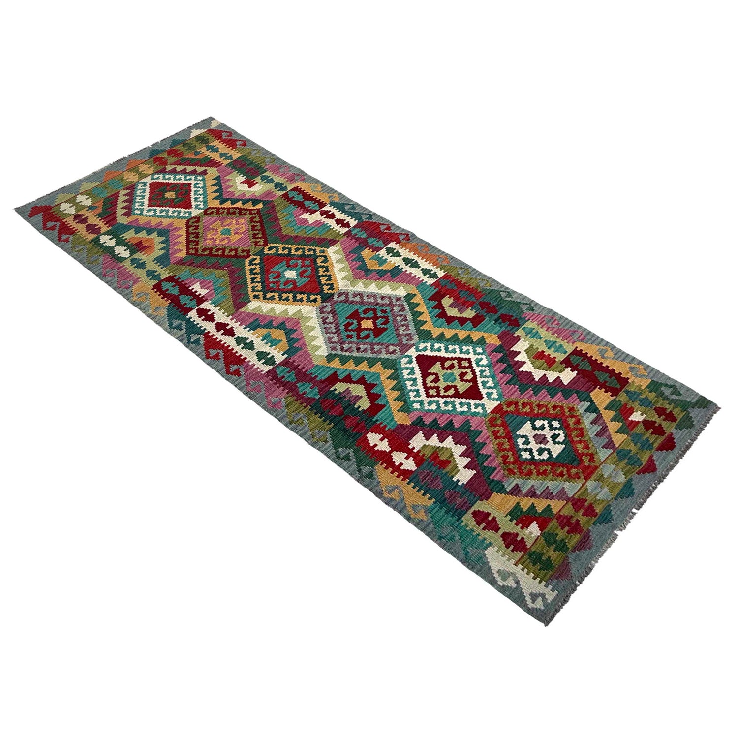 Multi Color ful Flat-Weave Wool Kilim Runner 2' 10" x 9' 10" ft / 87 x 300 cm - No. P36976