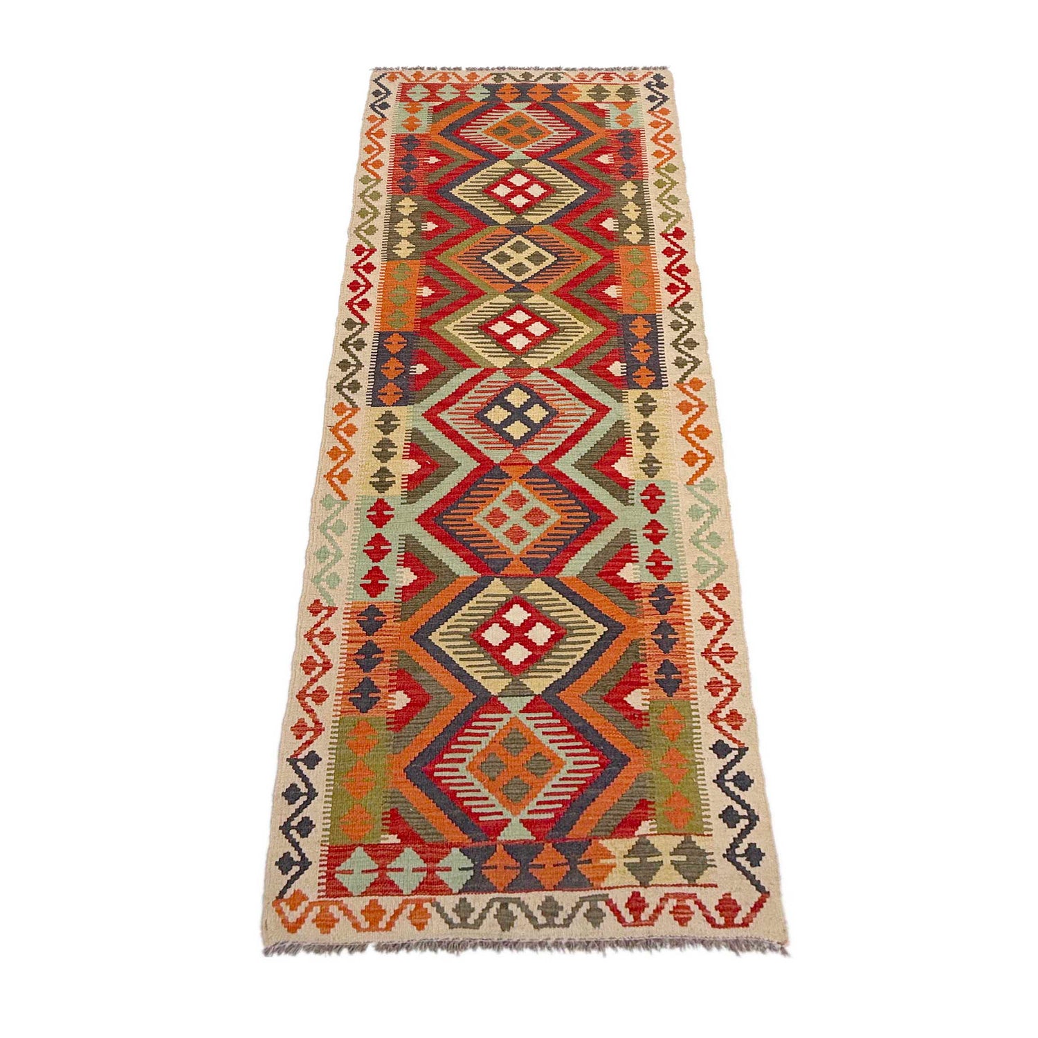 Multi Color ful Flat-Weave Wool Kilim Runner 2' 7" x 9' 6" ft / 80 x 289 cm - No. P36980