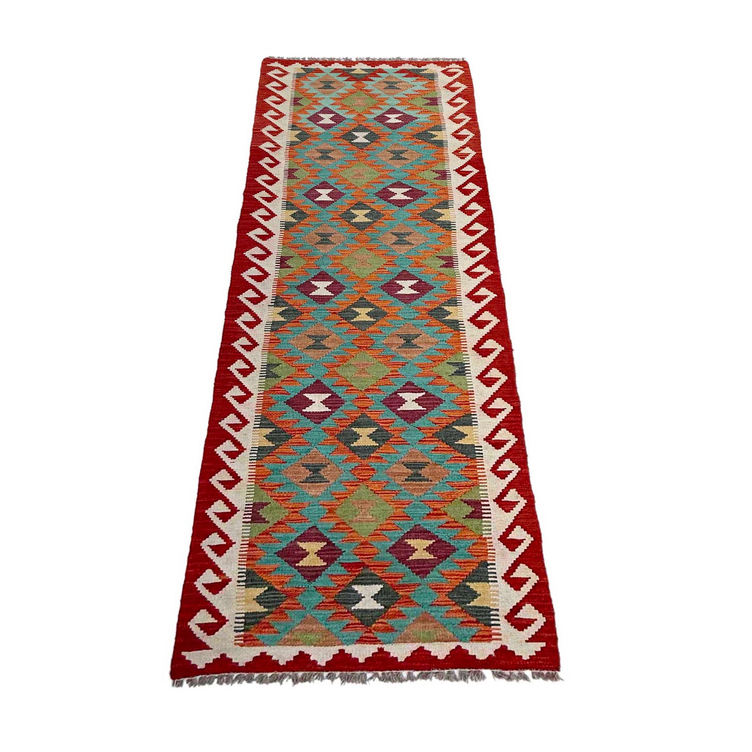 Multi Color ful Flat-Weave Wool Kilim Runner 2' 7" x 9' 6" ft / 79 x 290 cm - No. P37012