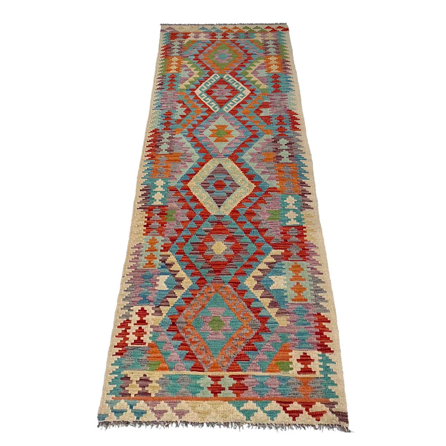 Hand Knotted Afghan Style Kilim Runner 2' 7" x 9' 9" ft / 79 x 297 cm - No. P37022