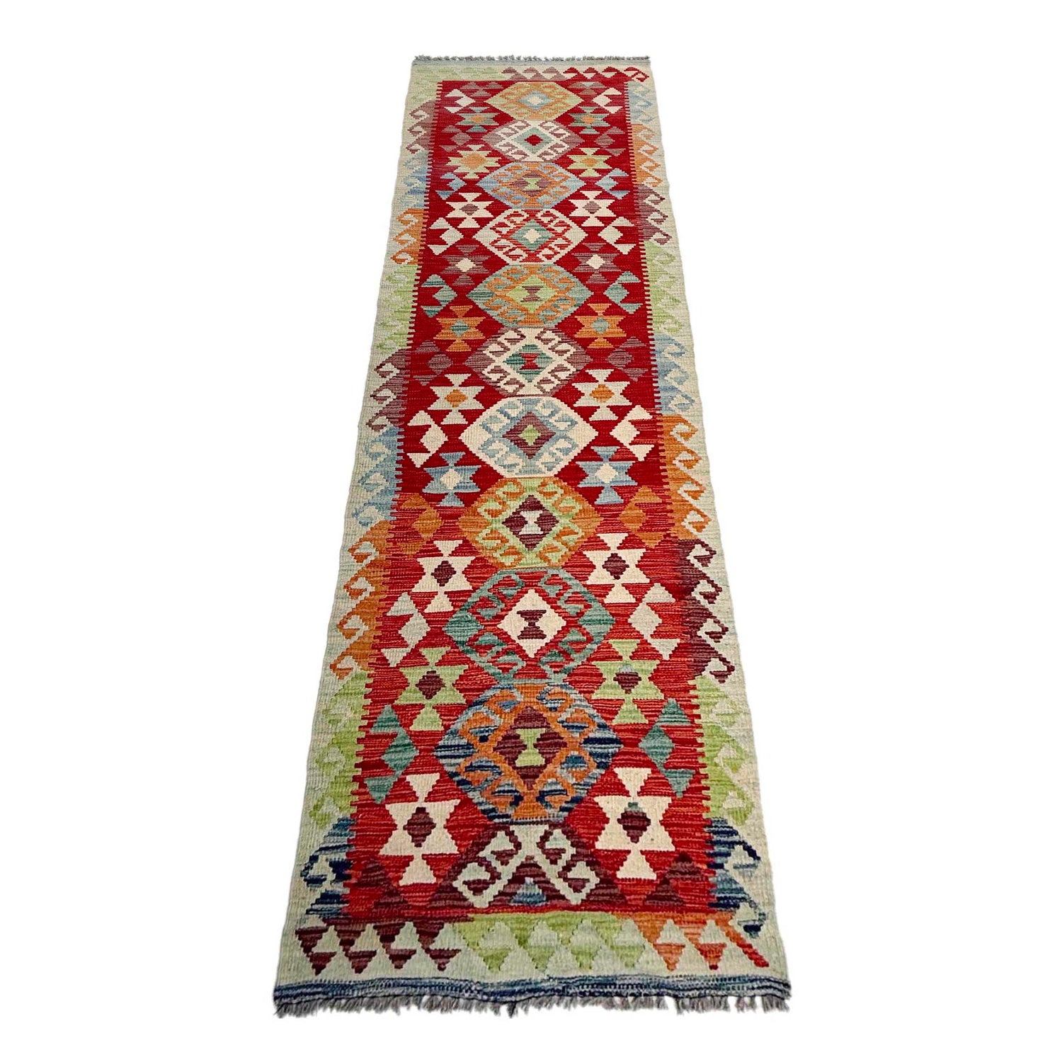 Multi Color ful Flat-Weave Wool Kilim Runner 2' 7" x 9' 11" ft / 79 x 303 cm - No. P37033