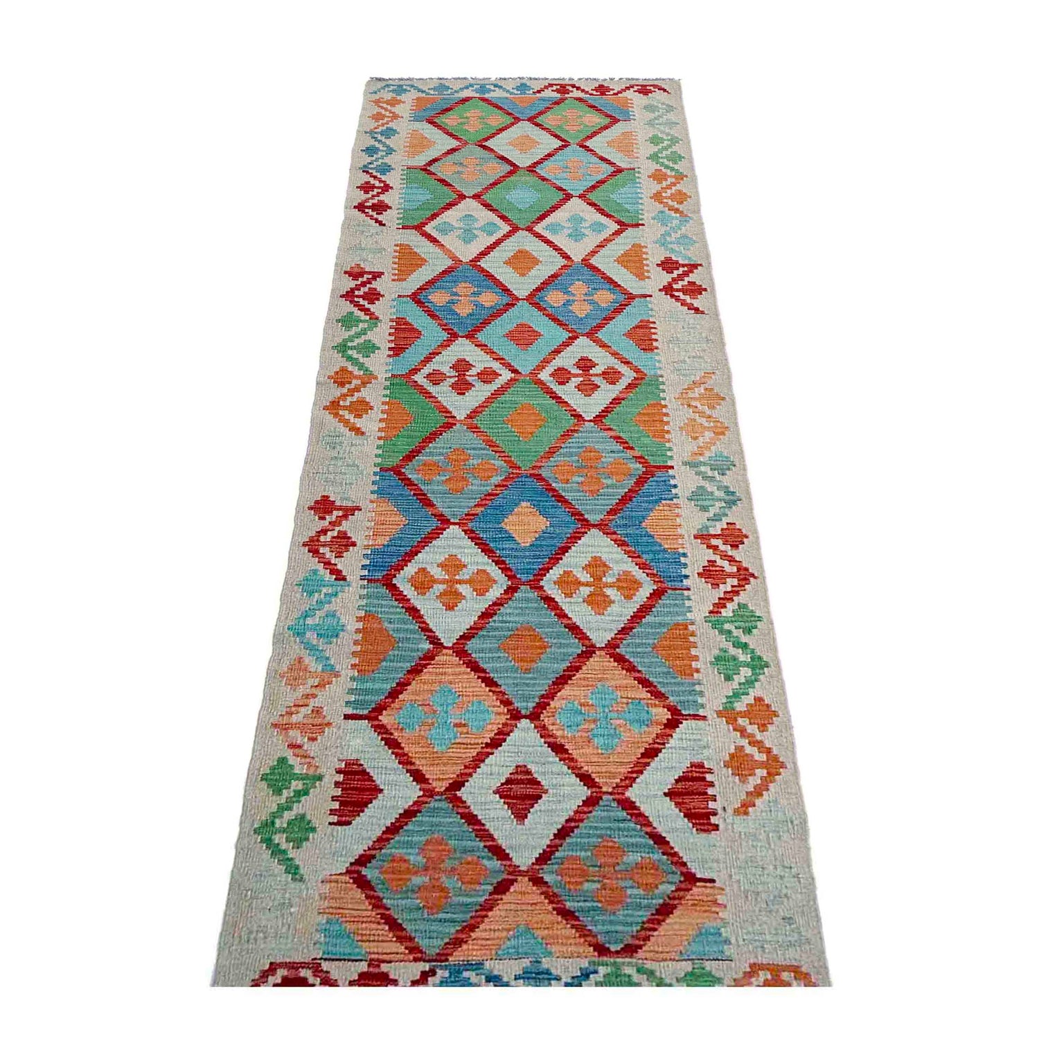Hand Knotted Afghan Style Kilim Runner 2' 8" x 10' 0" ft / 82 x 305 cm - No. P37035