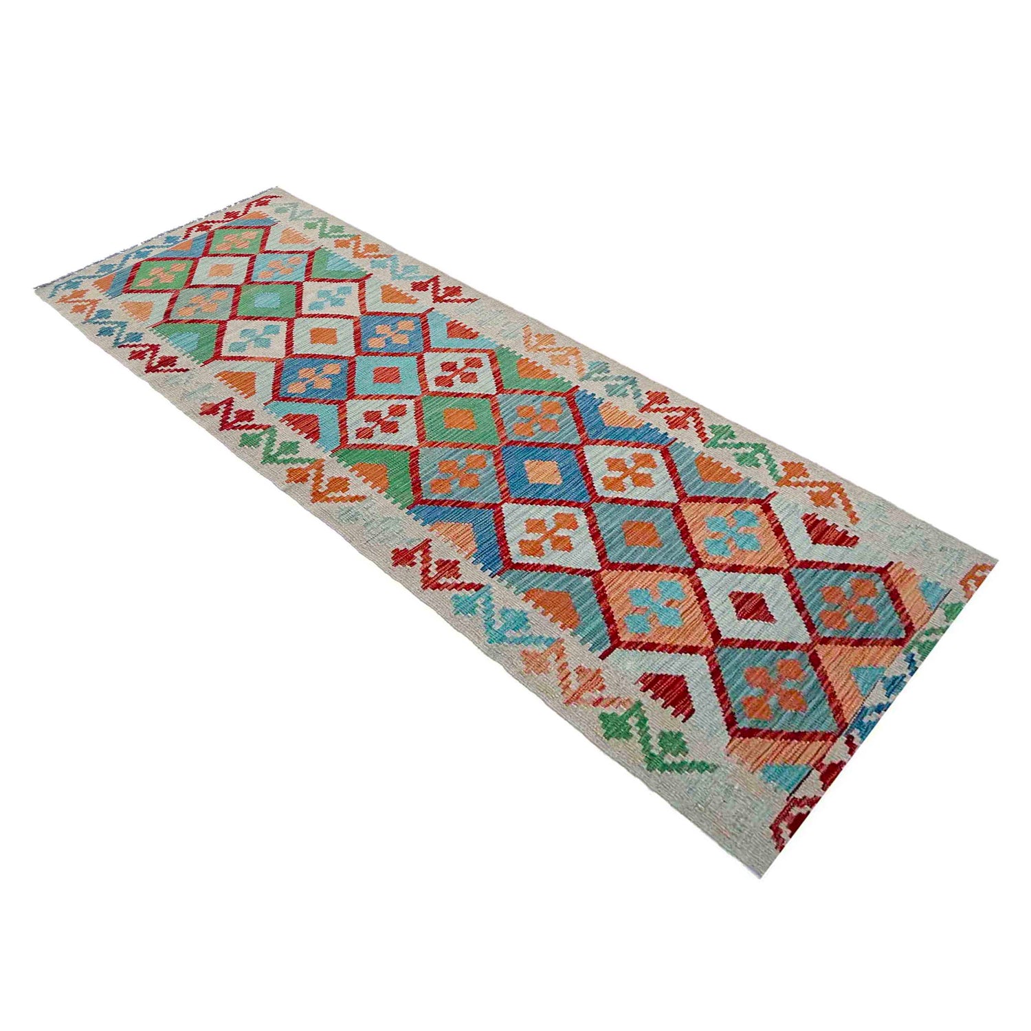 Hand Knotted Afghan Style Kilim Runner 2' 8" x 10' 0" ft / 82 x 305 cm - No. P37035