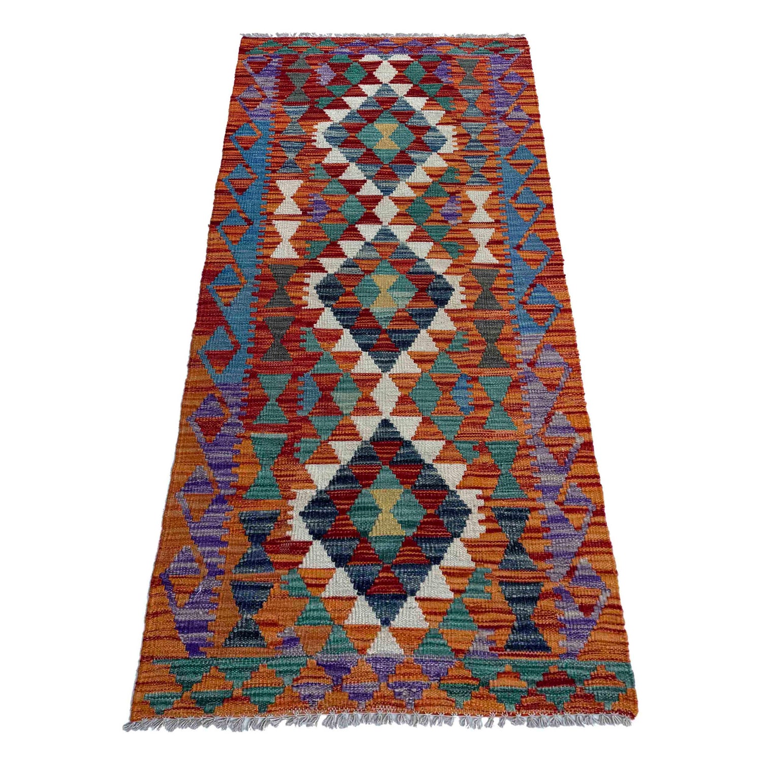 Multi Color ful Flat-Weave Wool Kilim Runner 2' 6" x 6' 3" ft / 76 x 190 cm - No. P37069