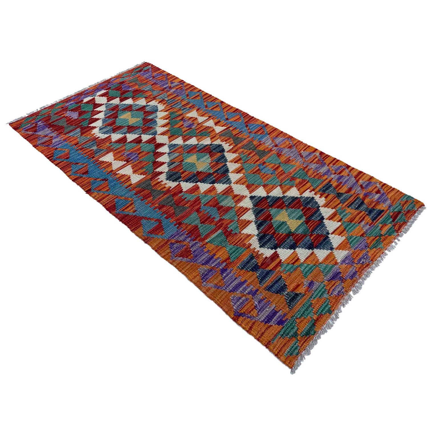 Multi Color ful Flat-Weave Wool Kilim Runner 2' 6" x 6' 3" ft / 76 x 190 cm - No. P37069