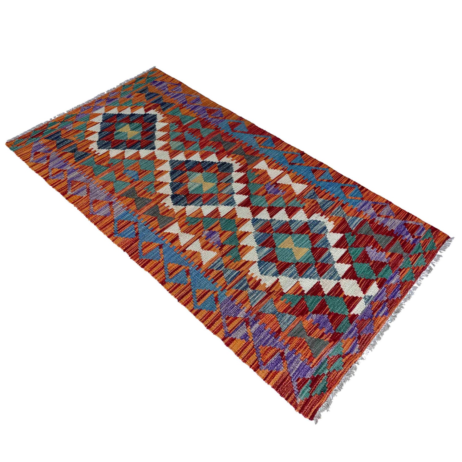 Multi Color ful Flat-Weave Wool Kilim Runner 2' 6" x 6' 3" ft / 76 x 190 cm - No. P37069
