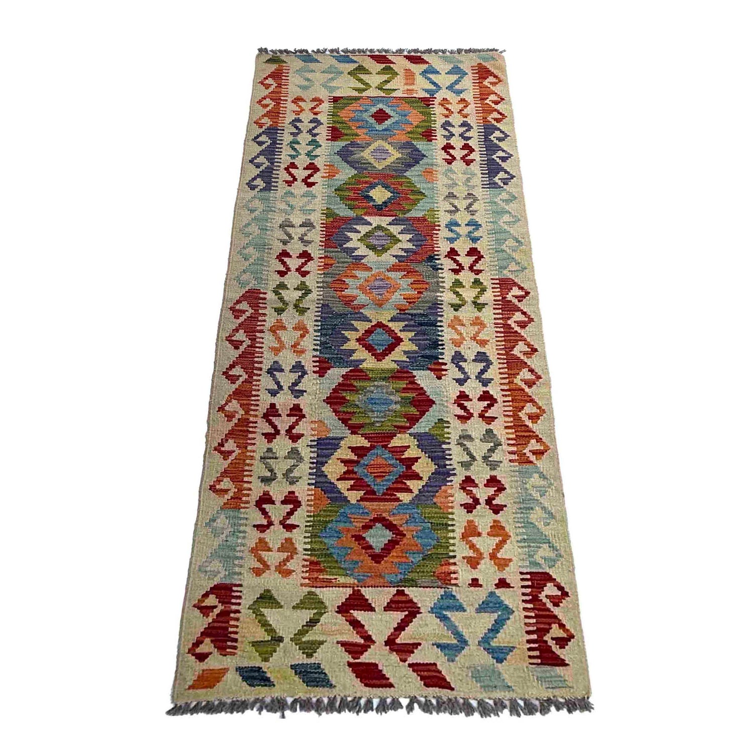 Multi Color ful Flat-Weave Wool Kilim Runner 2' 6" x 6' 5" ft / 75 x 196 cm - No. P37117