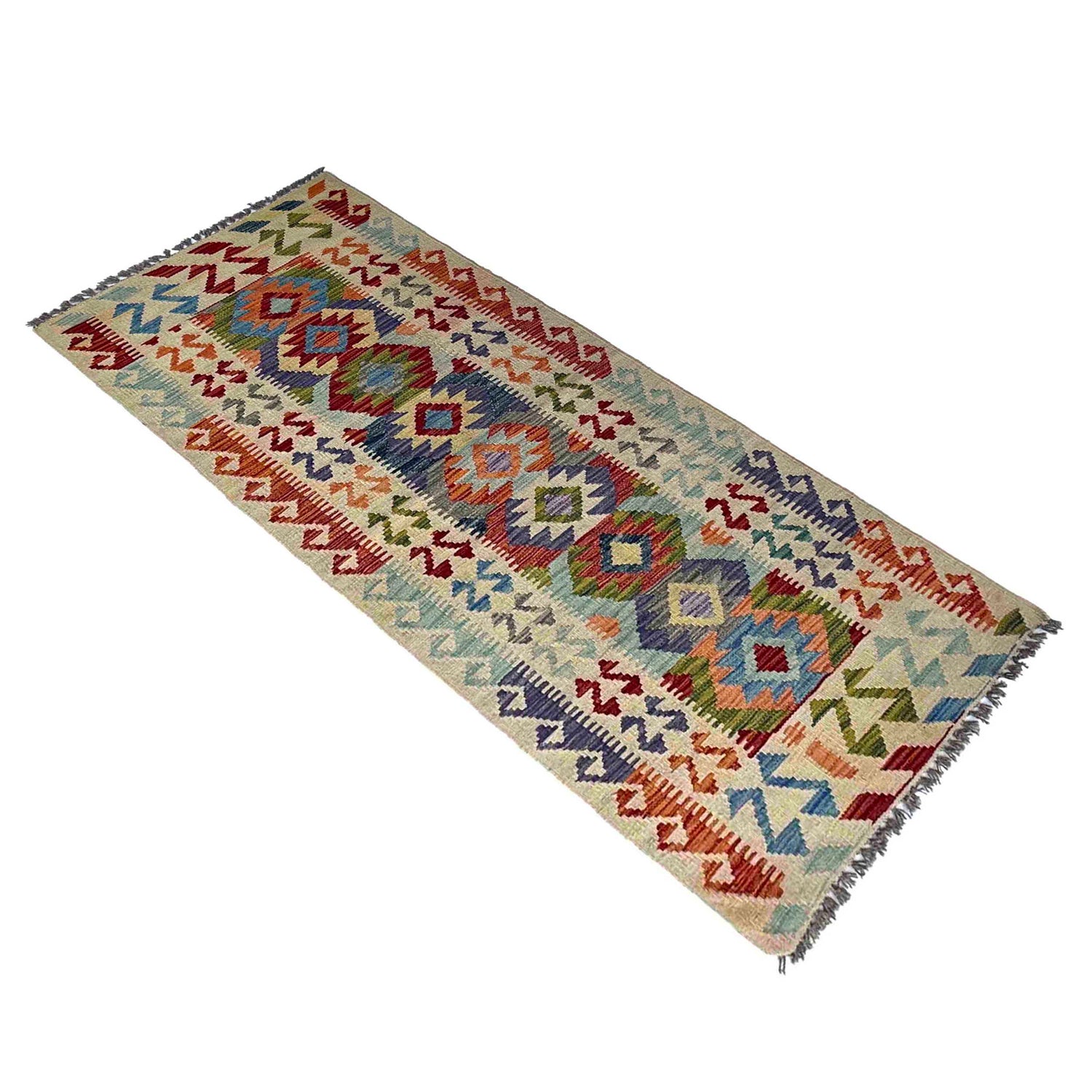 Multi Color ful Flat-Weave Wool Kilim Runner 2' 6" x 6' 5" ft / 75 x 196 cm - No. P37117
