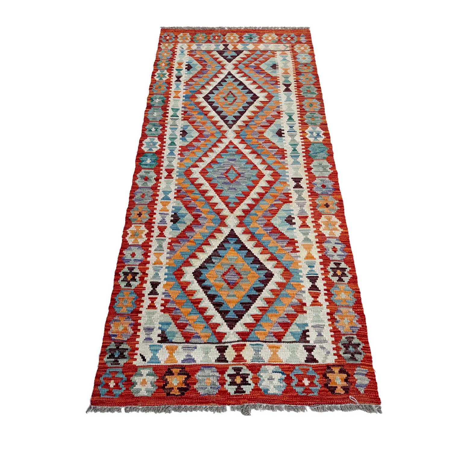 Multi Color ful Flat-Weave Wool Kilim Runner 2' 6" x 6' 7" ft / 75 x 200 cm - No. P37123