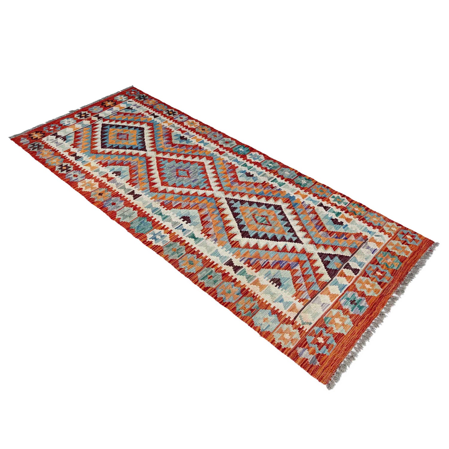 Multi Color ful Flat-Weave Wool Kilim Runner 2' 6" x 6' 7" ft / 75 x 200 cm - No. P37123