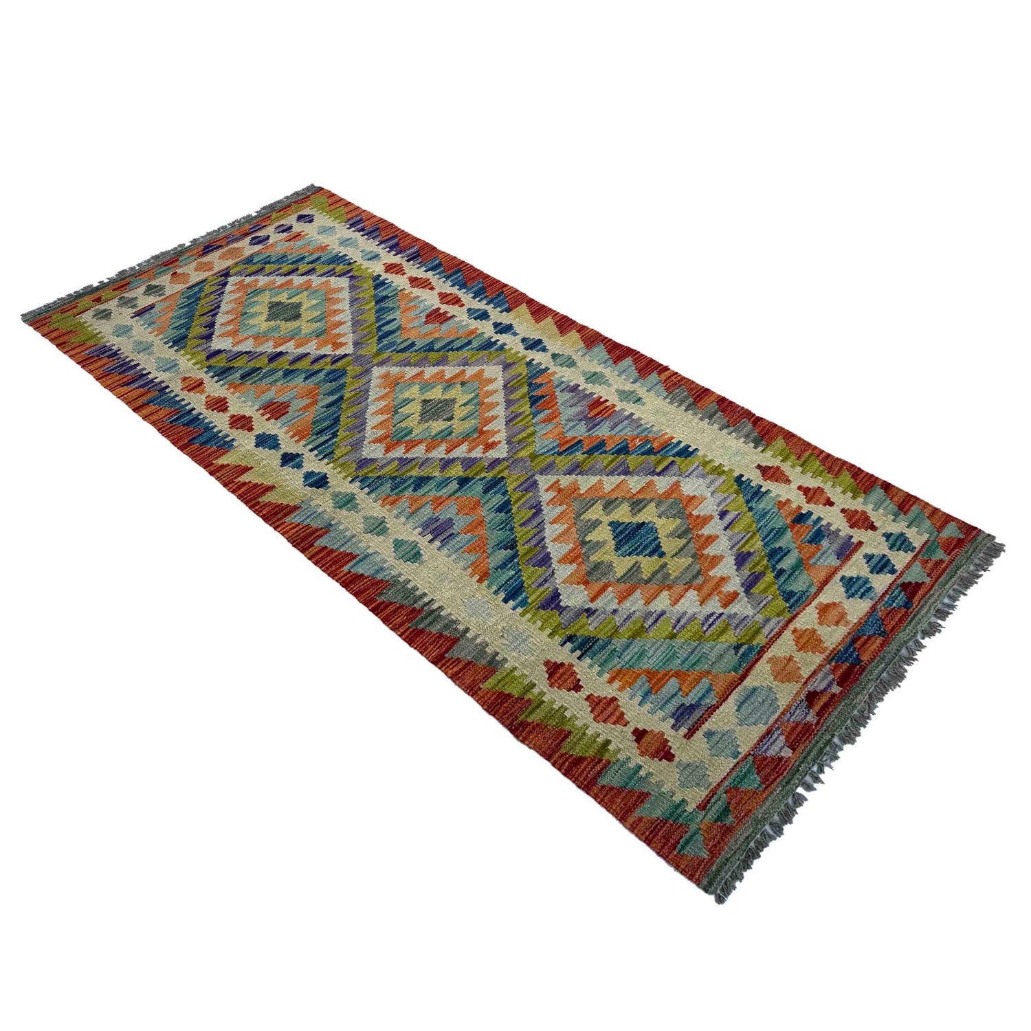 Hand Knotted Afghan Style Kilim Runner 2' 6" x 6' 8" ft / 76 x 203 cm - No. P37125