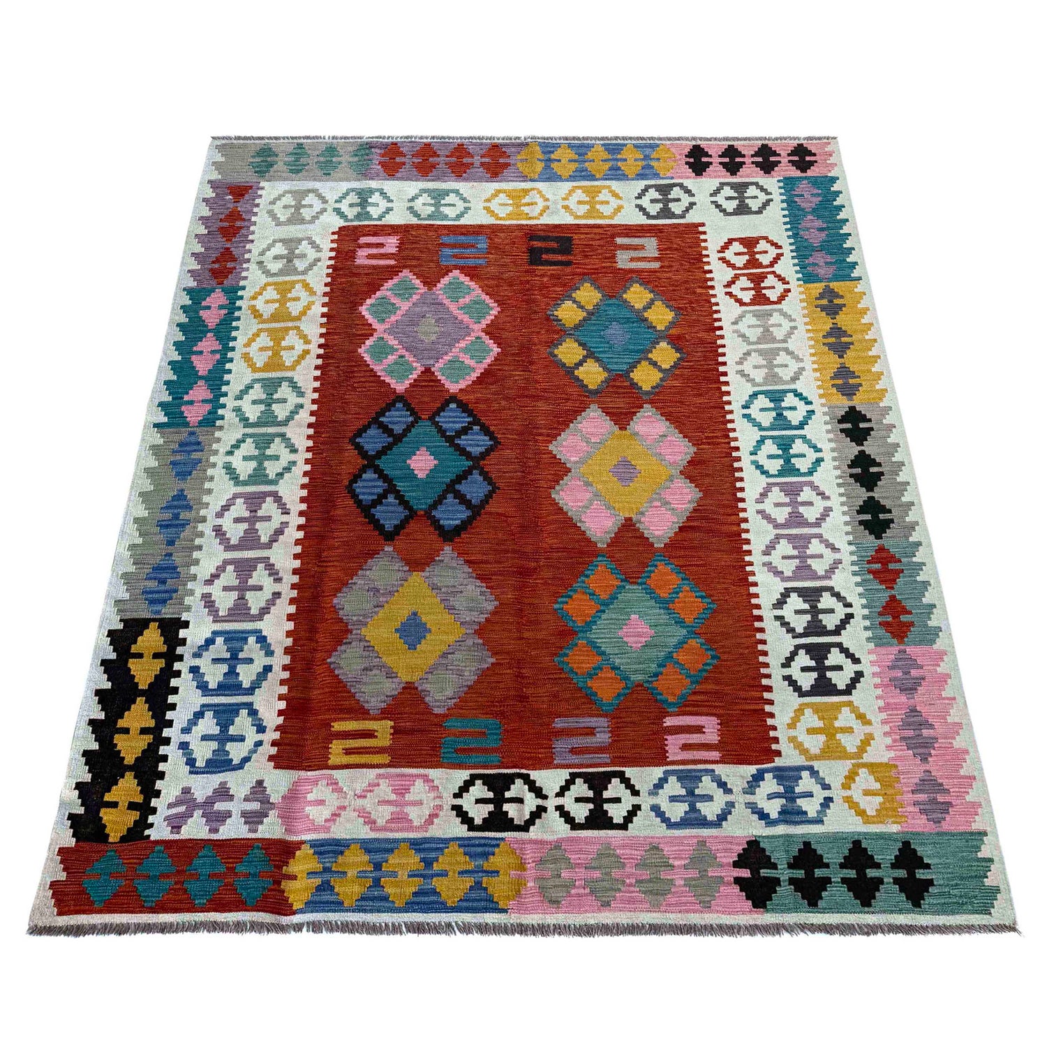 Multi Color ful Flat-Weave Wool Kilim 6' 7" x 9' 9" ft / 200 x 297 cm - No. P37215