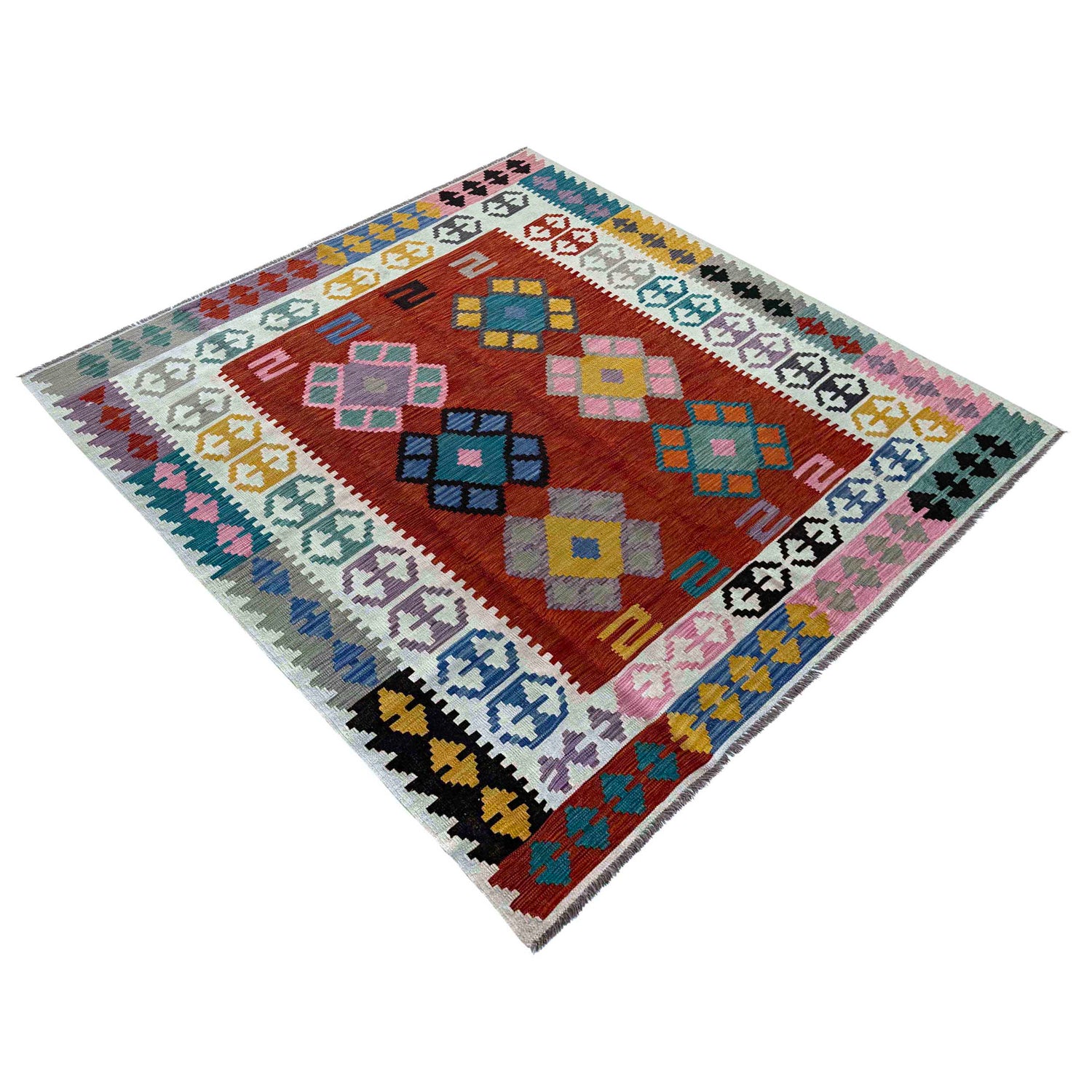 Multi Color ful Flat-Weave Wool Kilim 6' 7" x 9' 9" ft / 200 x 297 cm - No. P37215