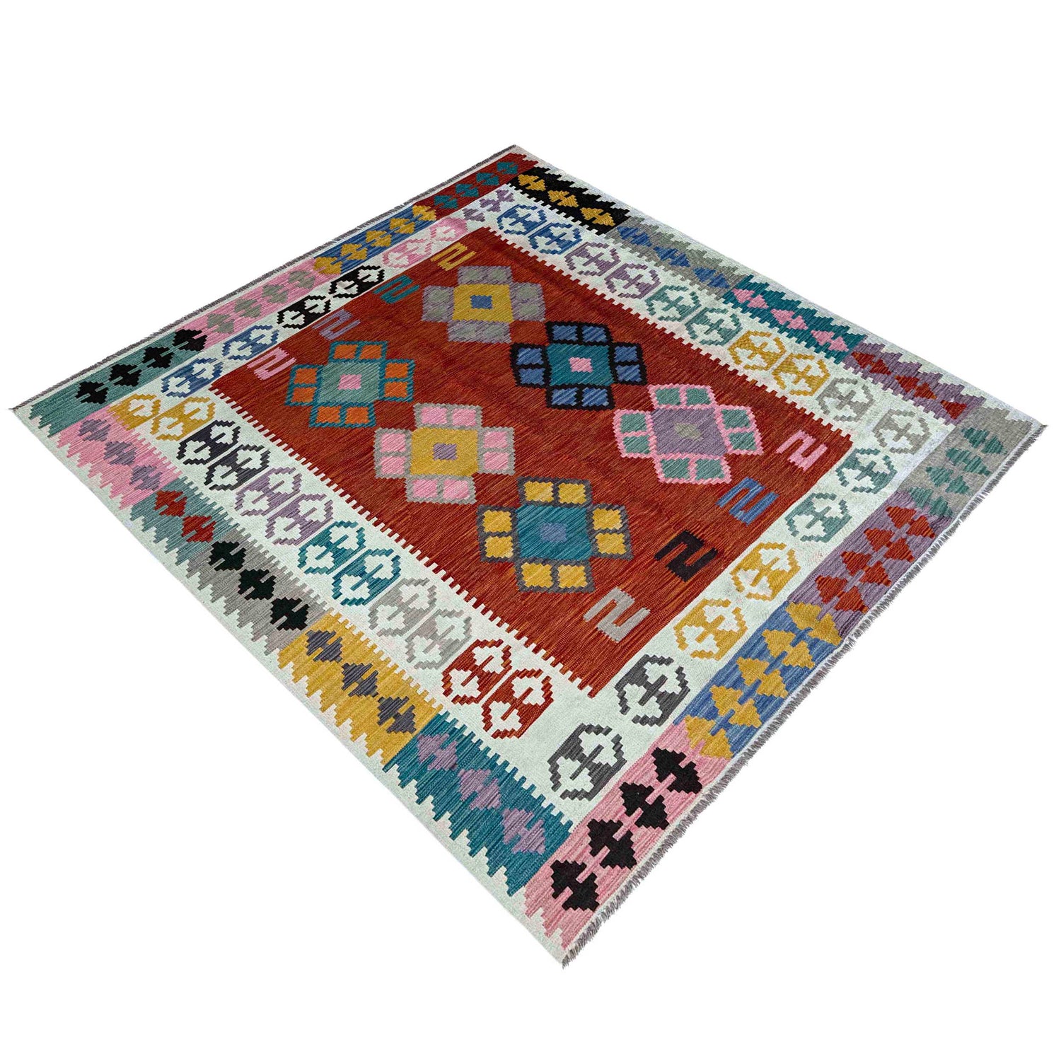 Multi Color ful Flat-Weave Wool Kilim 6' 7" x 9' 9" ft / 200 x 297 cm - No. P37215